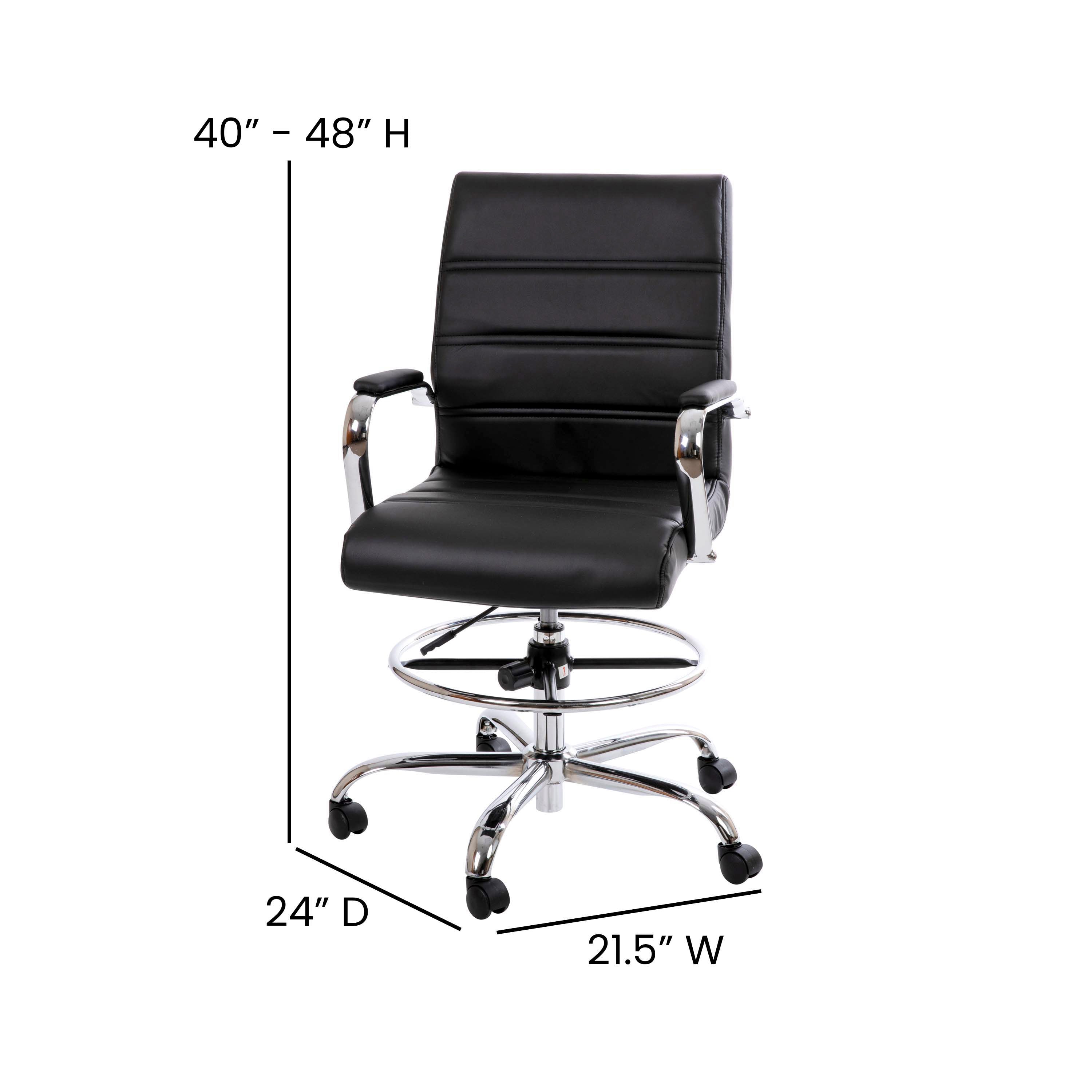 Whitney Mid-Back Black LeatherSoft Drafting Chair with Adjustable Foot Ring and Chrome Base