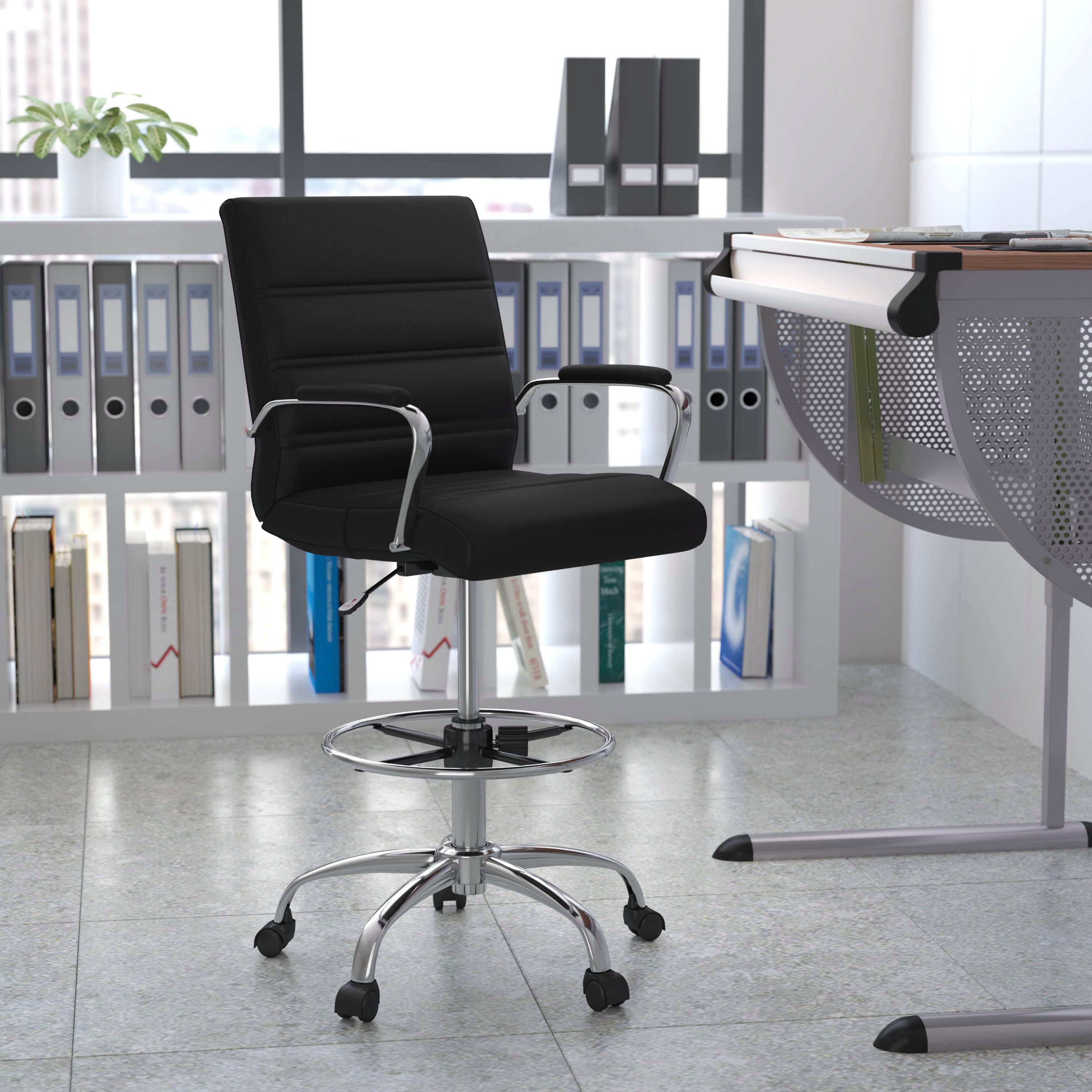 Whitney Mid-Back Black LeatherSoft Drafting Chair with Adjustable Foot Ring and Chrome Base
