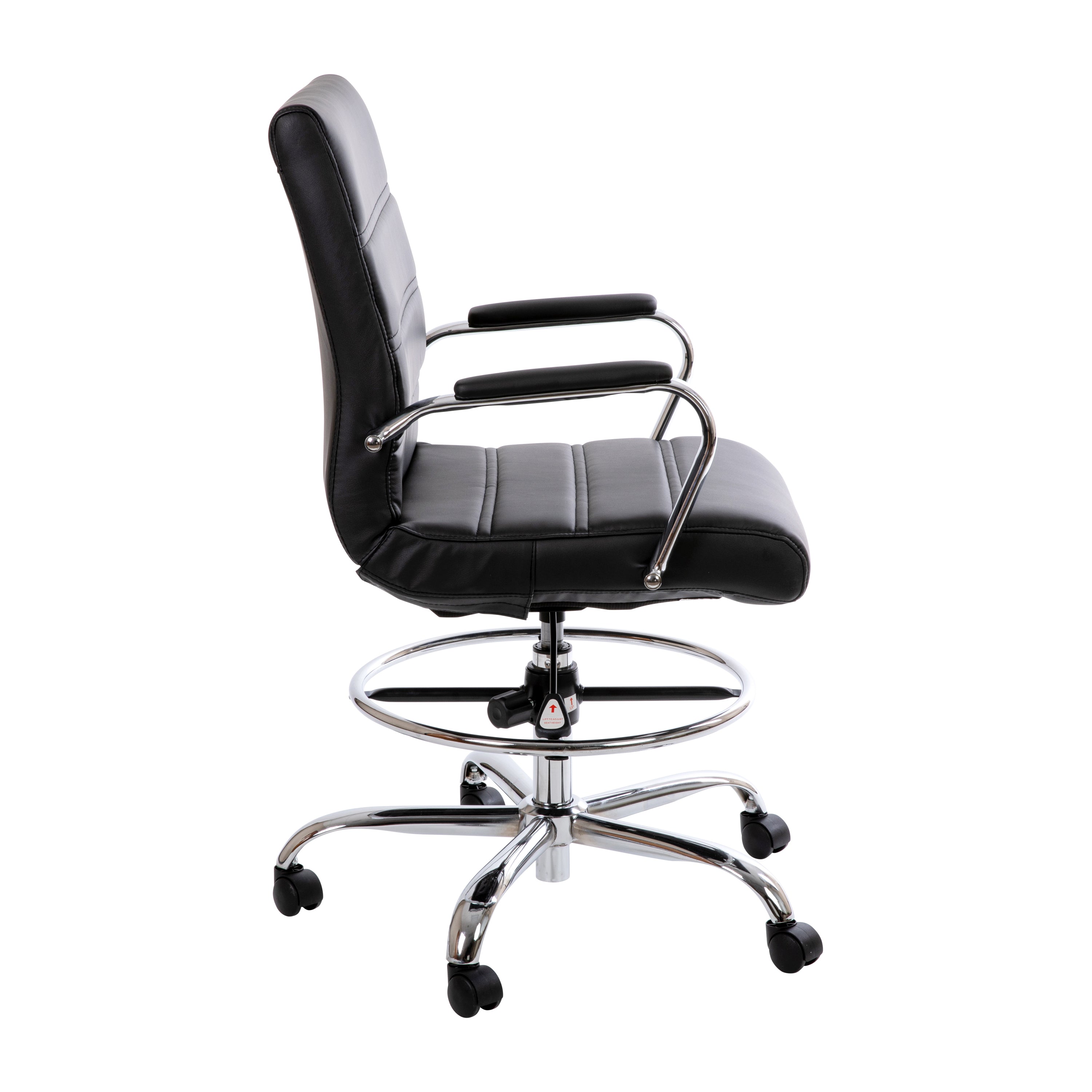 Whitney Mid-Back Black LeatherSoft Drafting Chair with Adjustable Foot Ring and Chrome Base