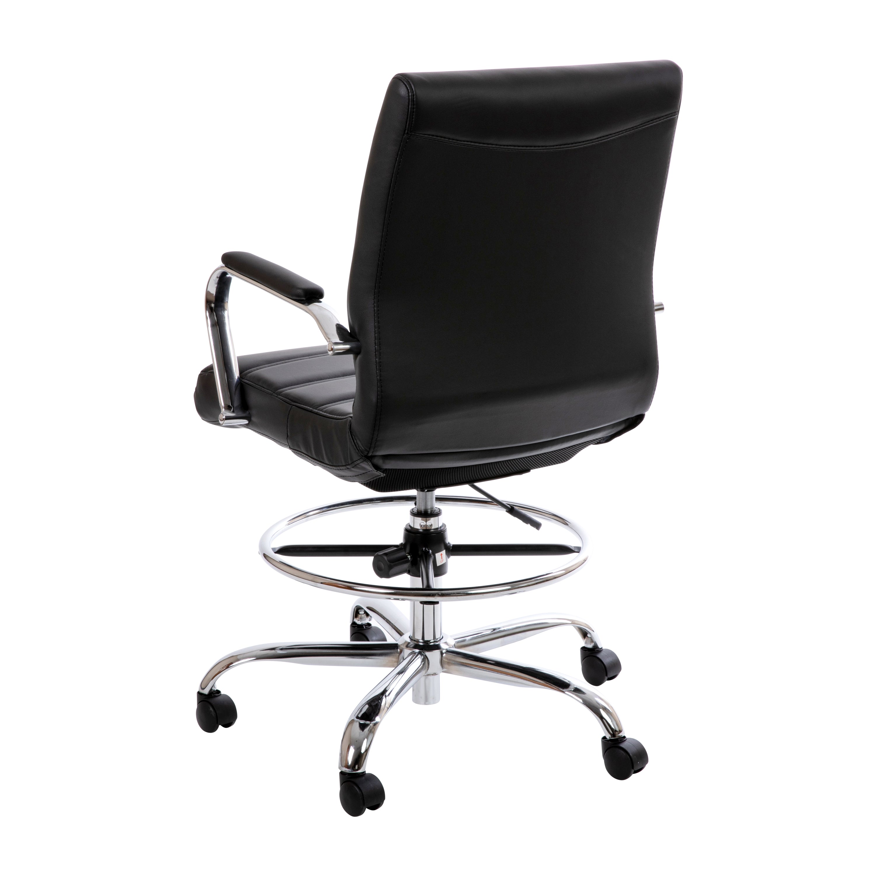 Whitney Mid-Back Black LeatherSoft Drafting Chair with Adjustable Foot Ring and Chrome Base