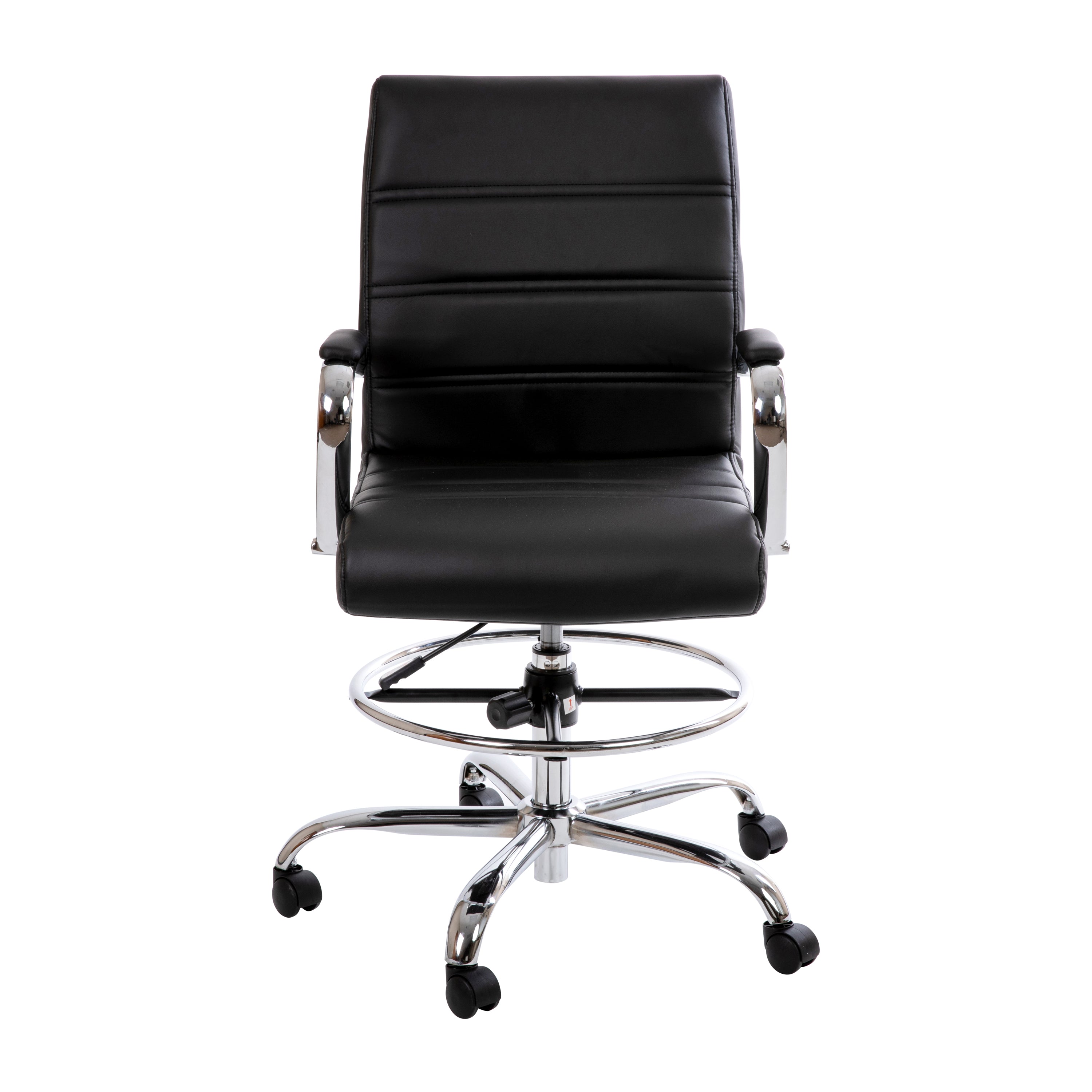 Whitney Mid-Back Black LeatherSoft Drafting Chair with Adjustable Foot Ring and Chrome Base