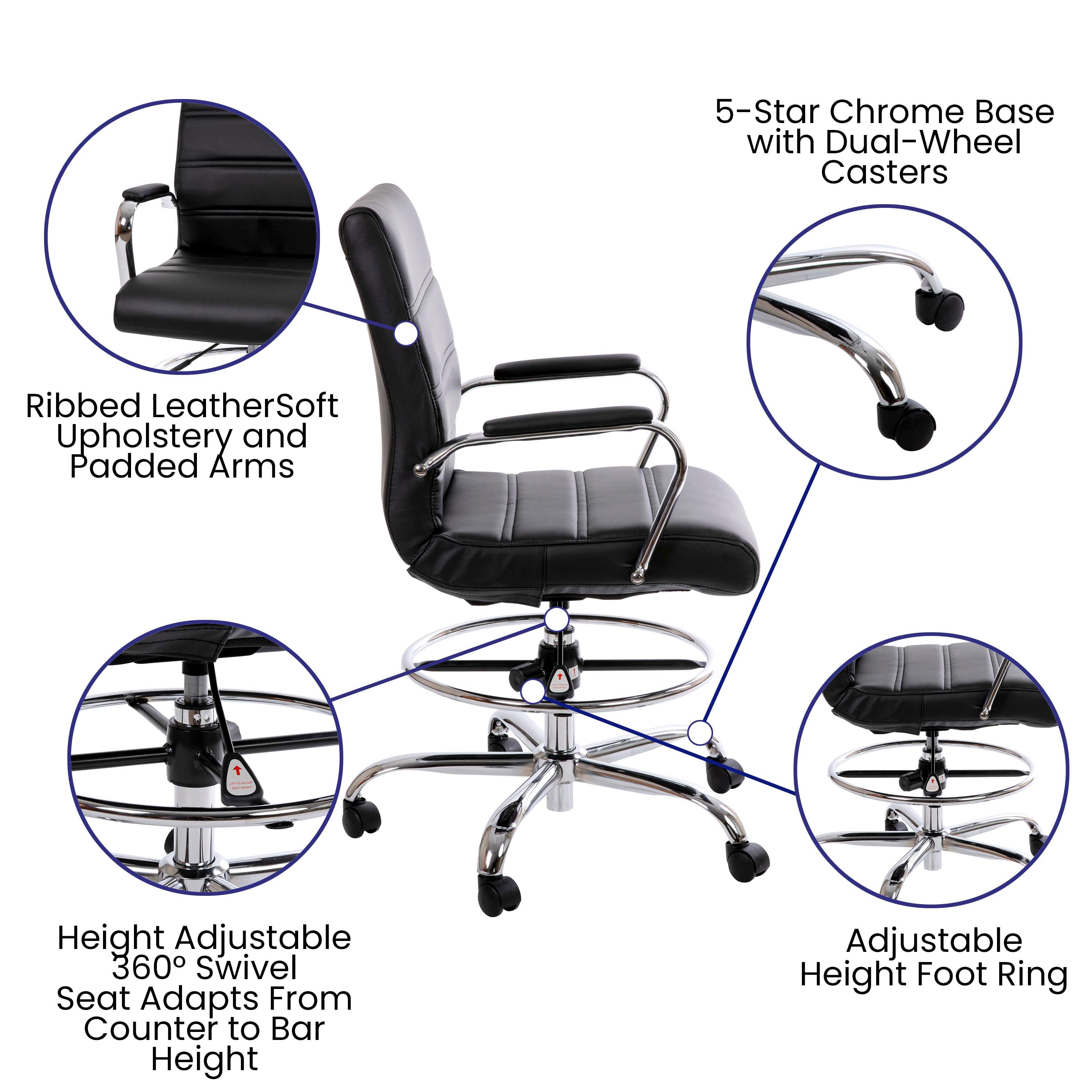 Whitney Mid-Back Black LeatherSoft Drafting Chair with Adjustable Foot Ring and Chrome Base