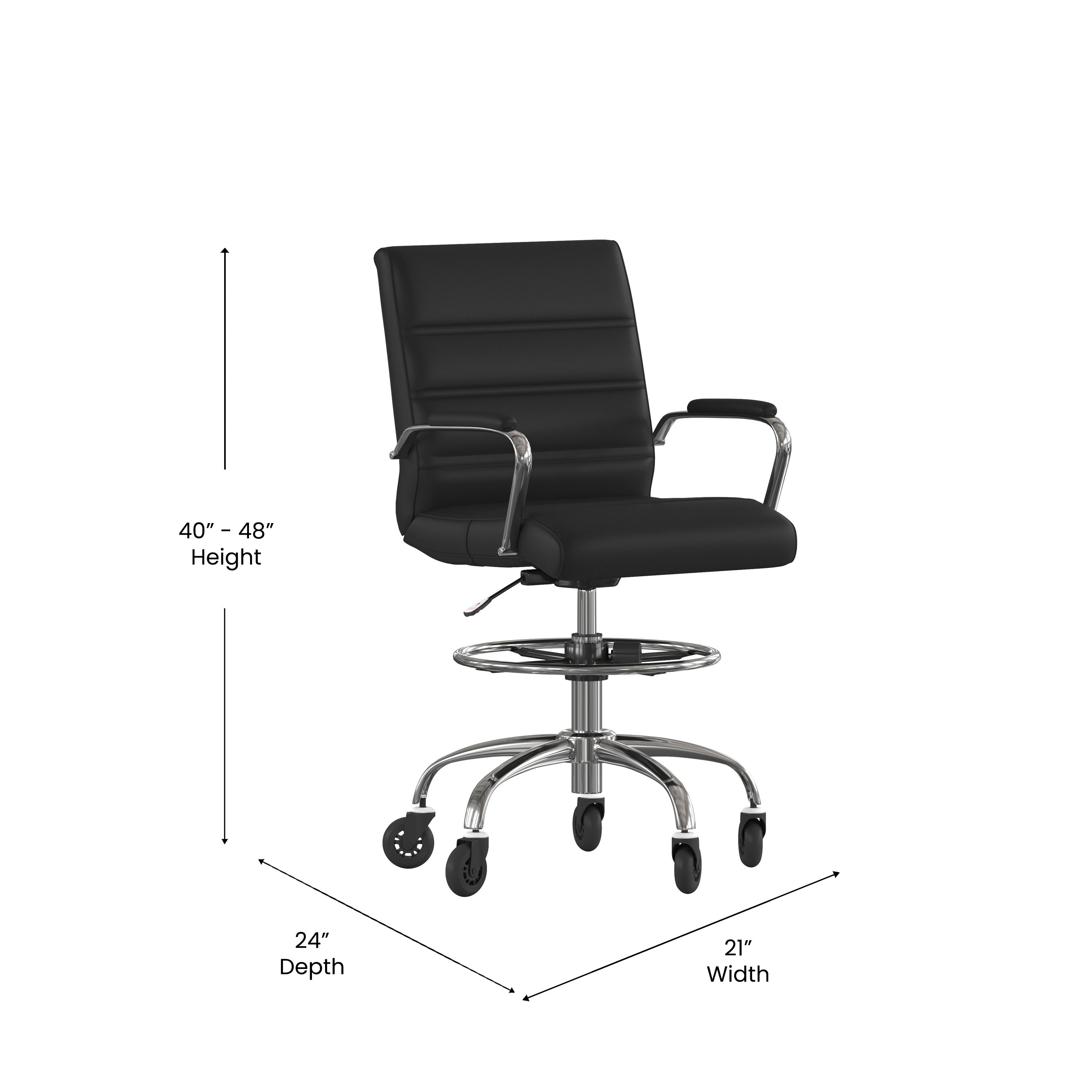 Lexi Mid-Back Black LeatherSoft Drafting Chair with Adjustable Foot Ring, Chrome Base, and Transparent Roller Wheels