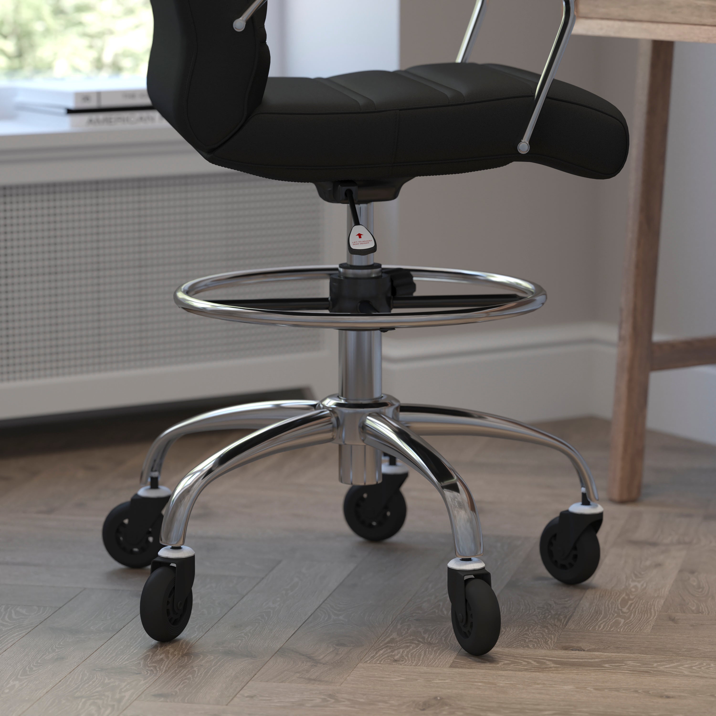 Lexi Mid-Back Black LeatherSoft Drafting Chair with Adjustable Foot Ring, Chrome Base, and Transparent Roller Wheels