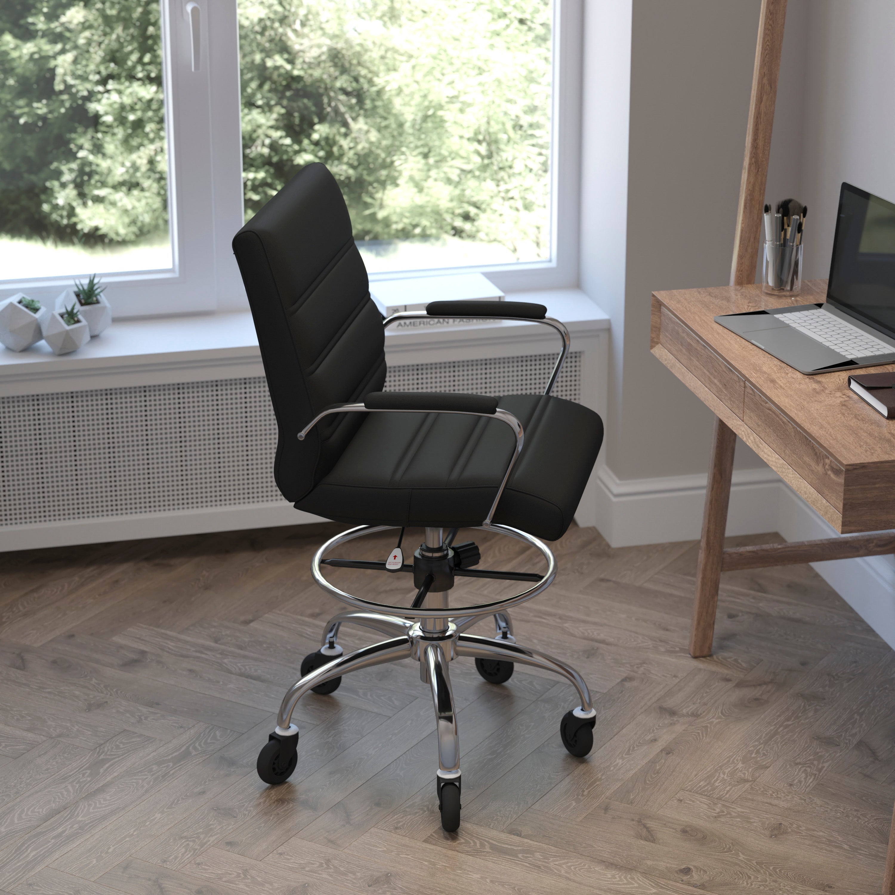 Lexi Mid-Back Black LeatherSoft Drafting Chair with Adjustable Foot Ring, Chrome Base, and Transparent Roller Wheels