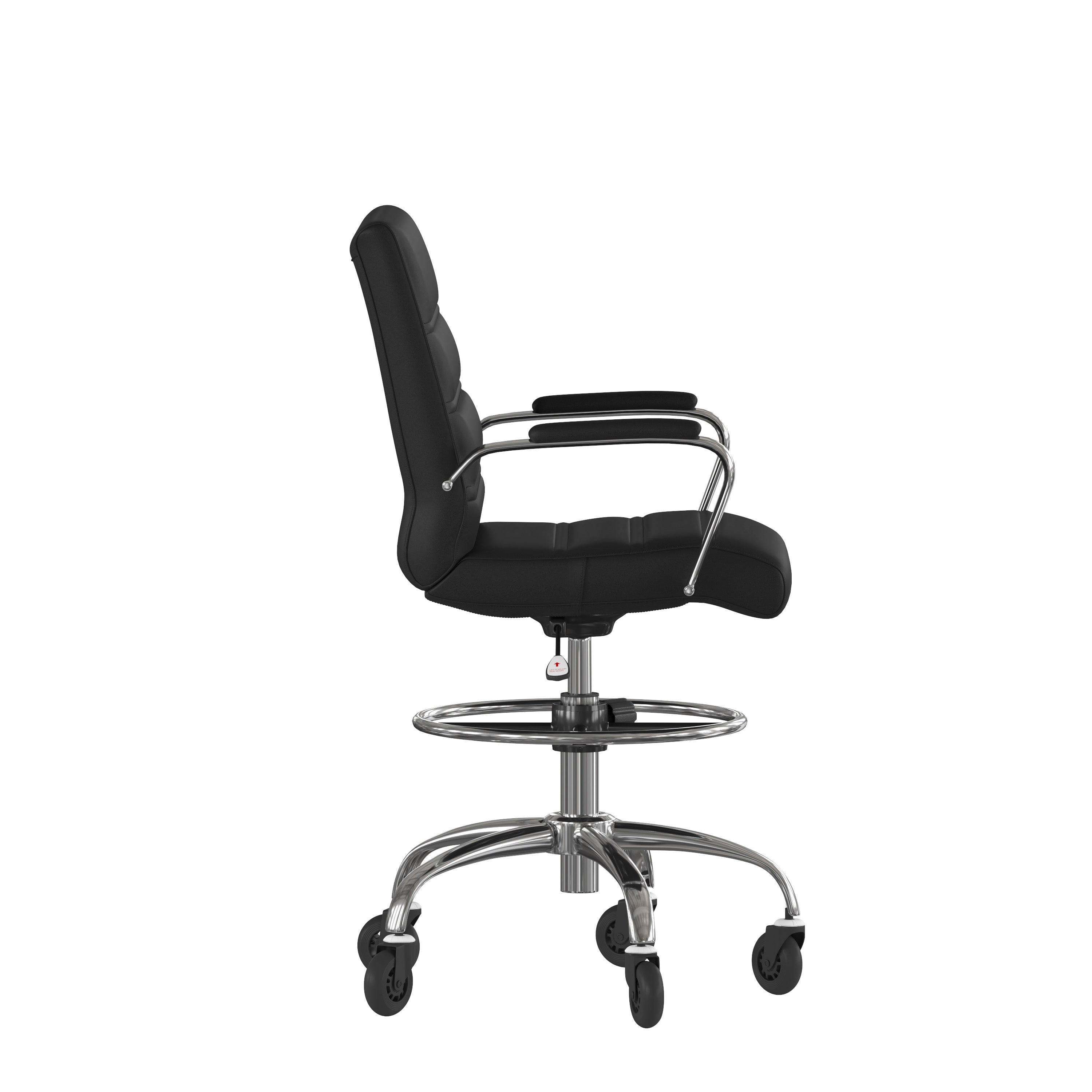 Lexi Mid-Back Black LeatherSoft Drafting Chair with Adjustable Foot Ring, Chrome Base, and Transparent Roller Wheels