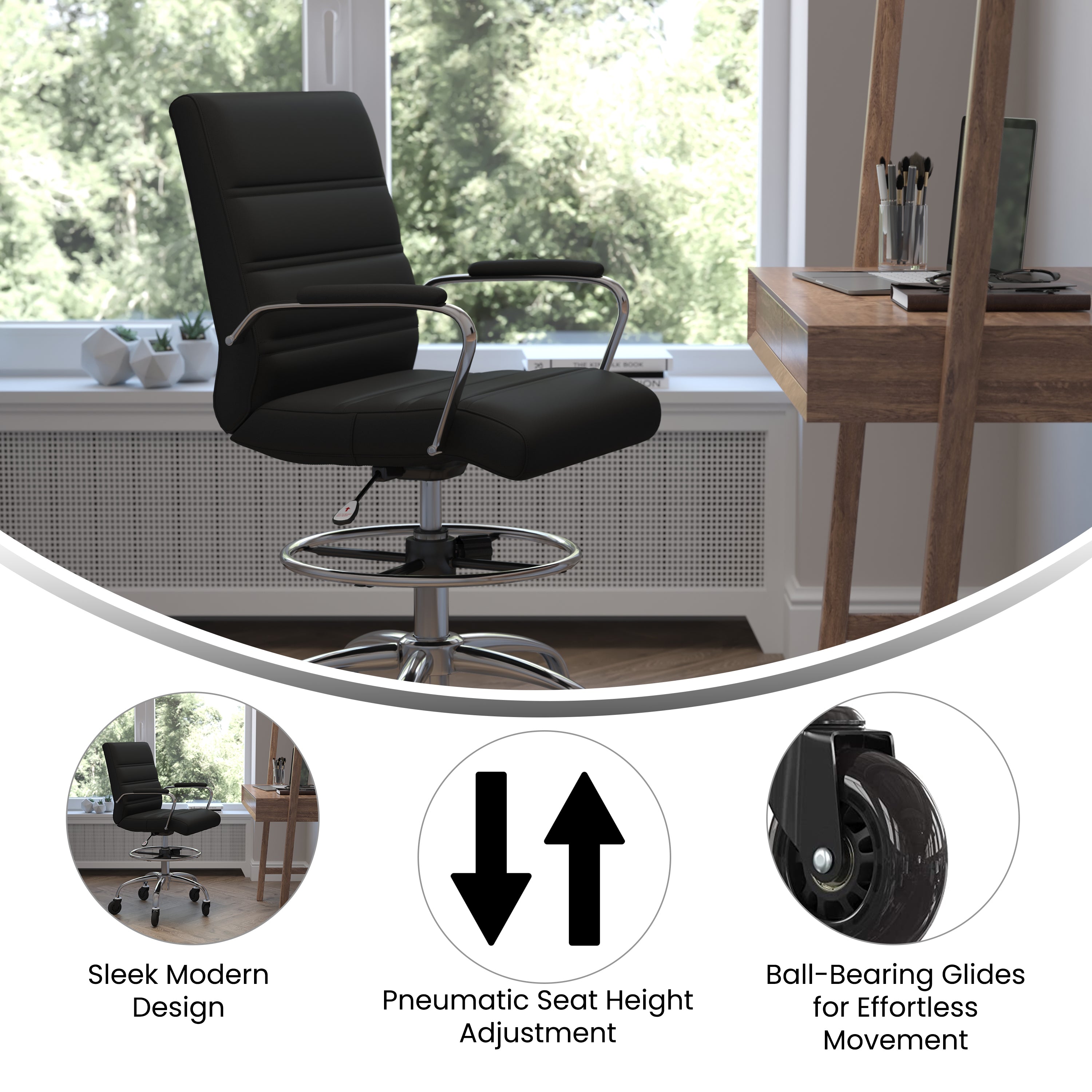 Lexi Mid-Back Black LeatherSoft Drafting Chair with Adjustable Foot Ring, Chrome Base, and Transparent Roller Wheels