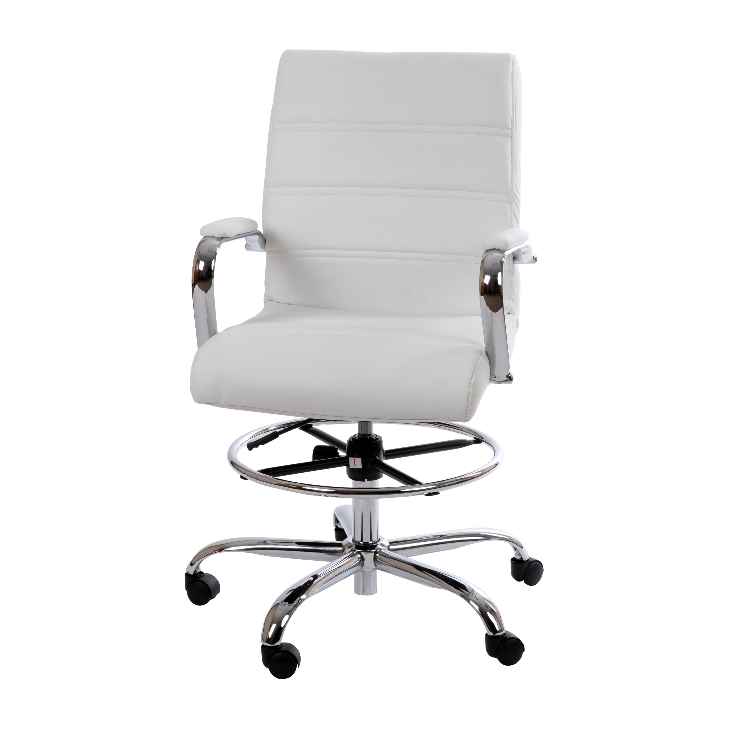 Whitney Mid-Back White LeatherSoft Drafting Chair with Adjustable Foot Ring and Chrome Base