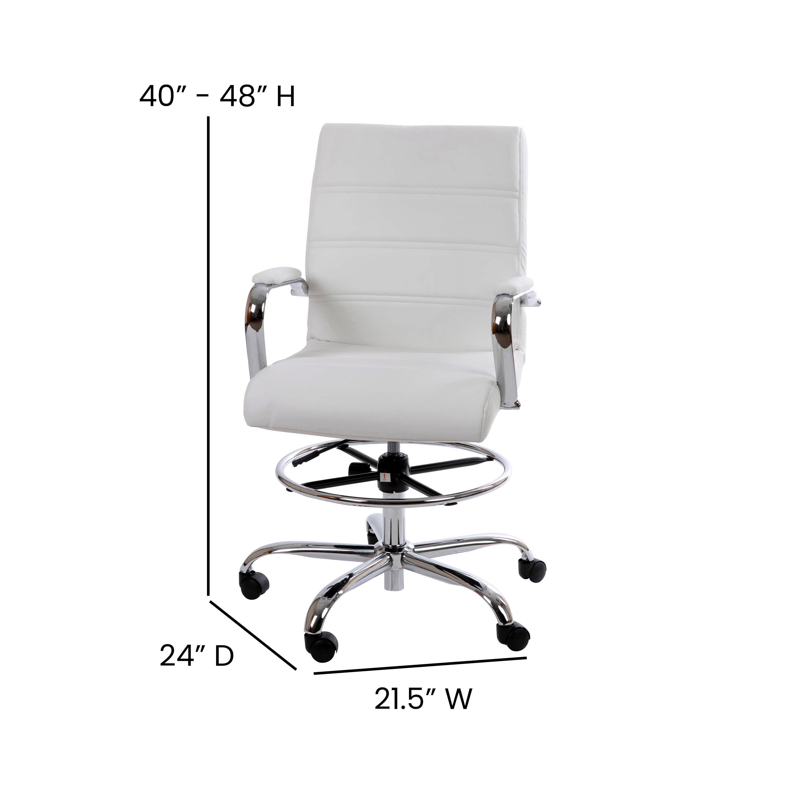 Whitney Mid-Back White LeatherSoft Drafting Chair with Adjustable Foot Ring and Chrome Base