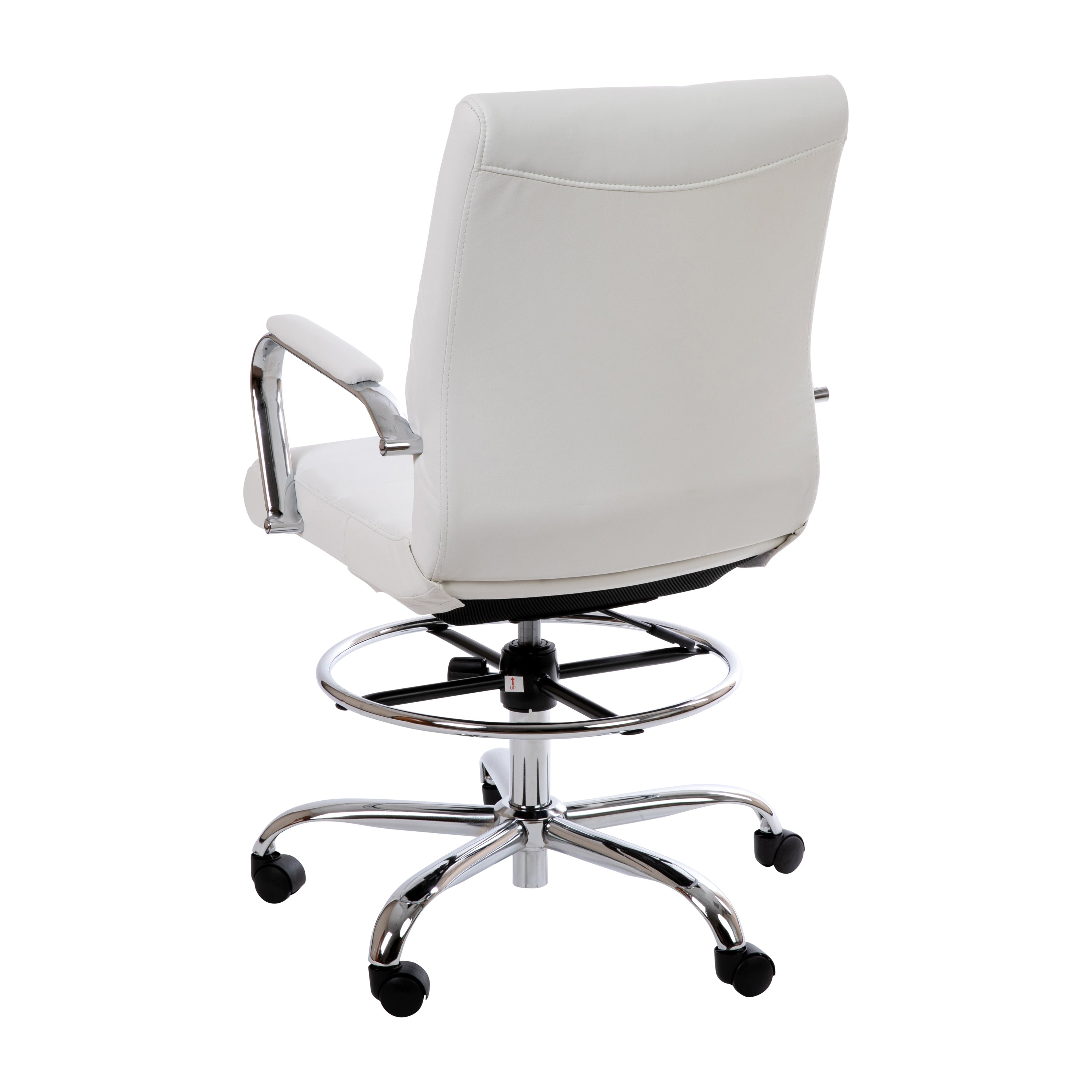 Whitney Mid-Back White LeatherSoft Drafting Chair with Adjustable Foot Ring and Chrome Base