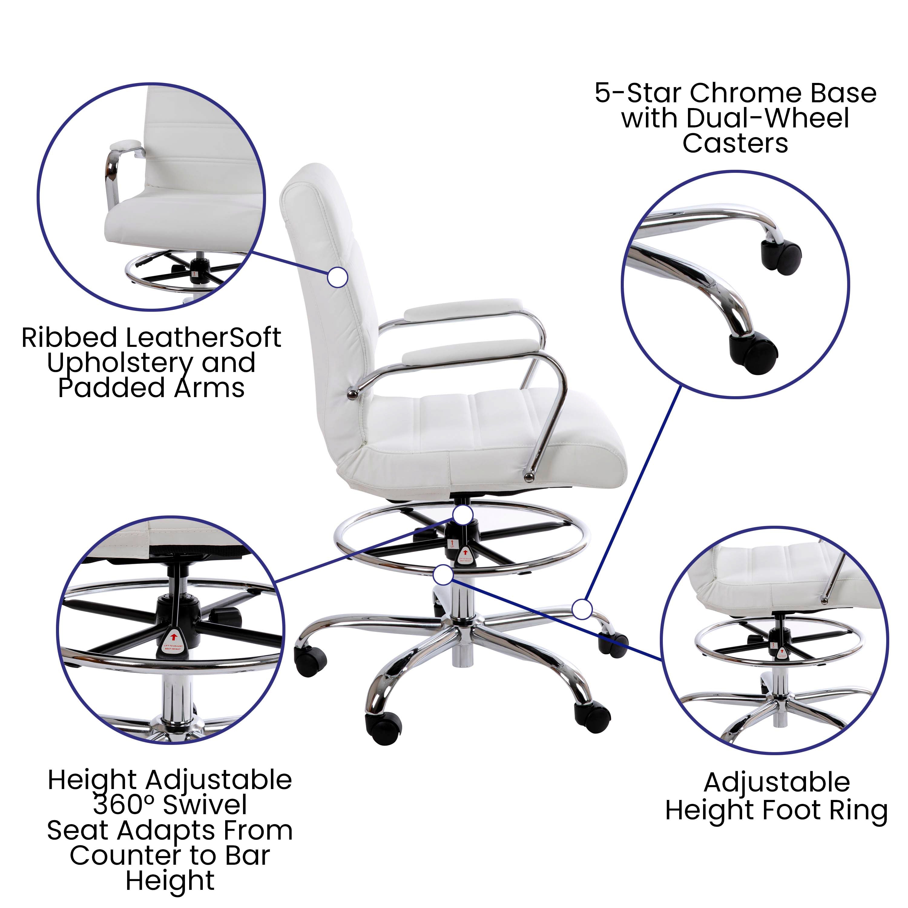 Whitney Mid-Back White LeatherSoft Drafting Chair with Adjustable Foot Ring and Chrome Base