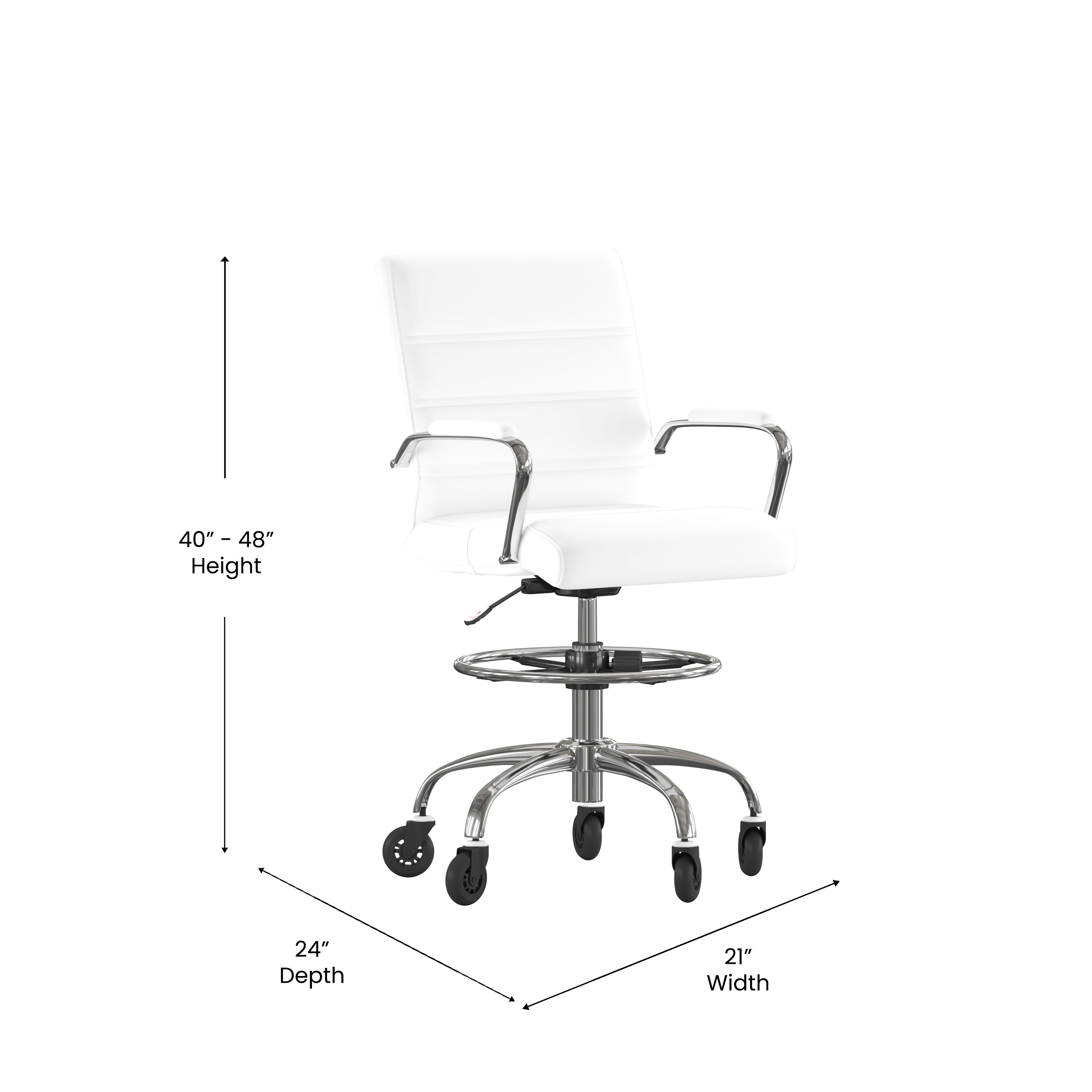 Lexi Mid-Back White LeatherSoft Drafting Chair with Adjustable Foot Ring, Chrome Base, and Transparent Roller Wheels