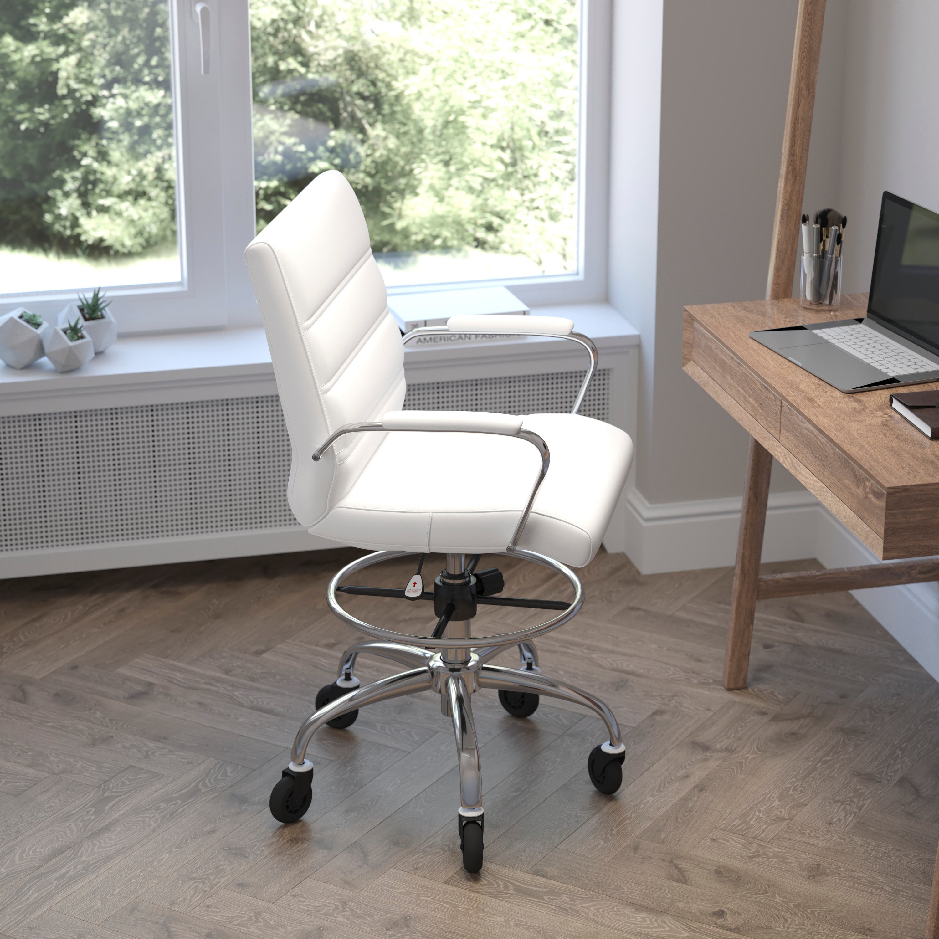 Lexi Mid-Back White LeatherSoft Drafting Chair with Adjustable Foot Ring, Chrome Base, and Transparent Roller Wheels