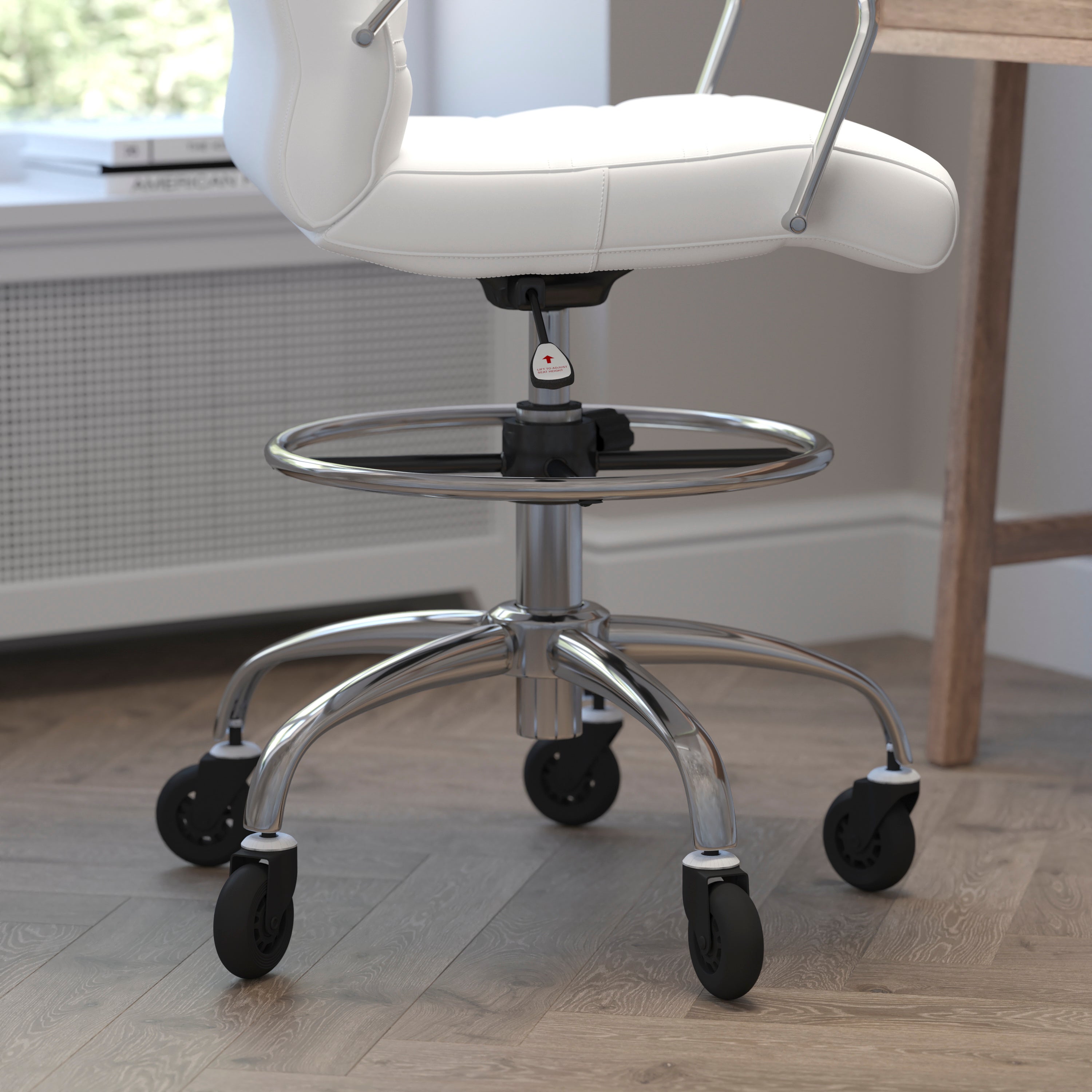 Lexi Mid-Back White LeatherSoft Drafting Chair with Adjustable Foot Ring, Chrome Base, and Transparent Roller Wheels