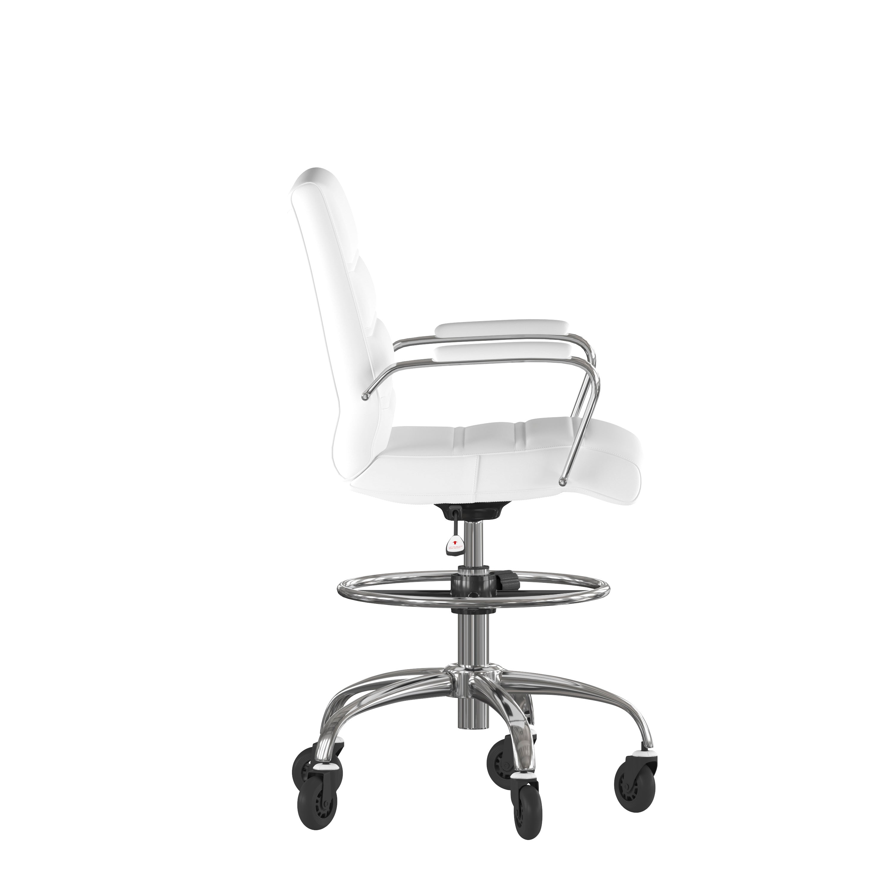 Lexi Mid-Back White LeatherSoft Drafting Chair with Adjustable Foot Ring, Chrome Base, and Transparent Roller Wheels