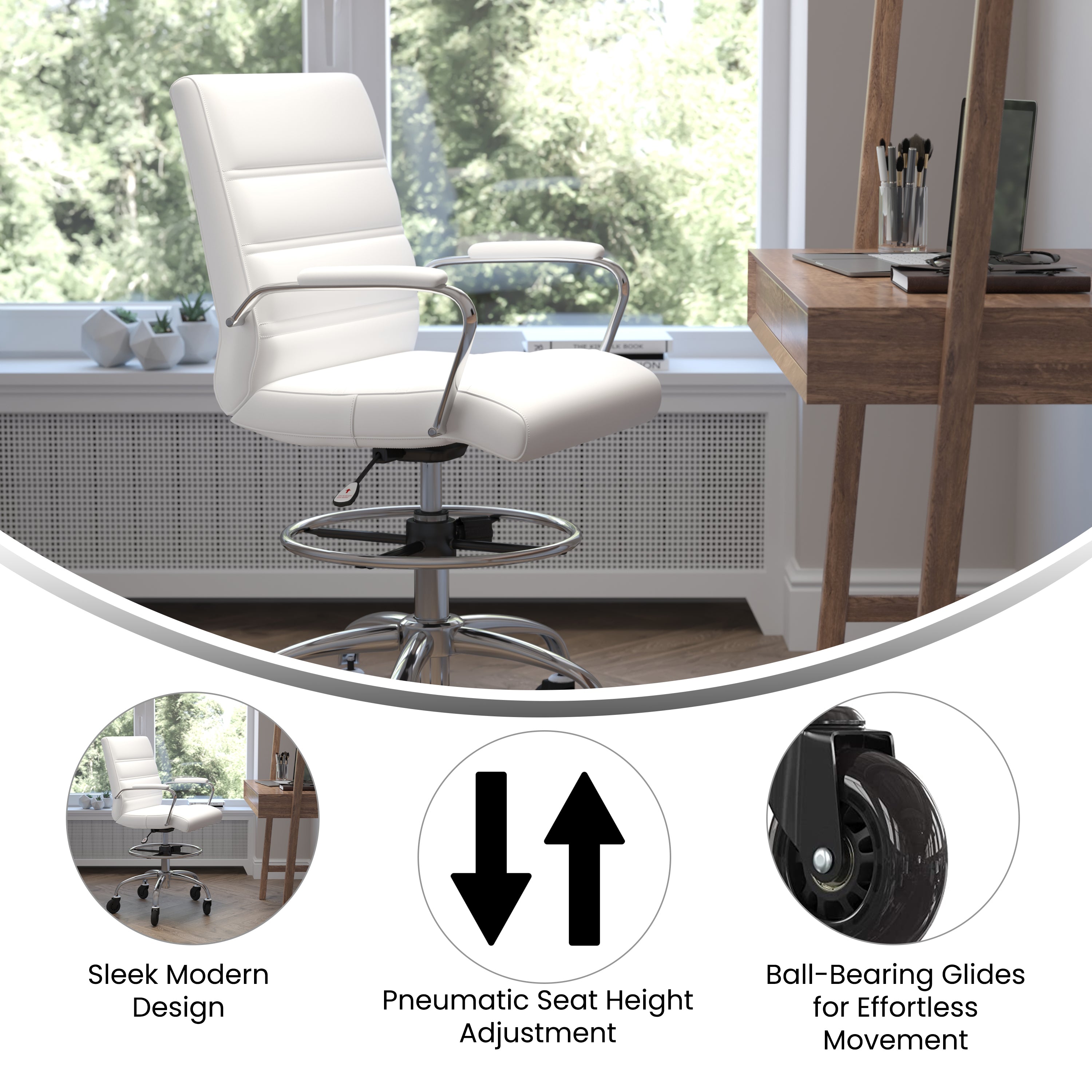 Lexi Mid-Back White LeatherSoft Drafting Chair with Adjustable Foot Ring, Chrome Base, and Transparent Roller Wheels