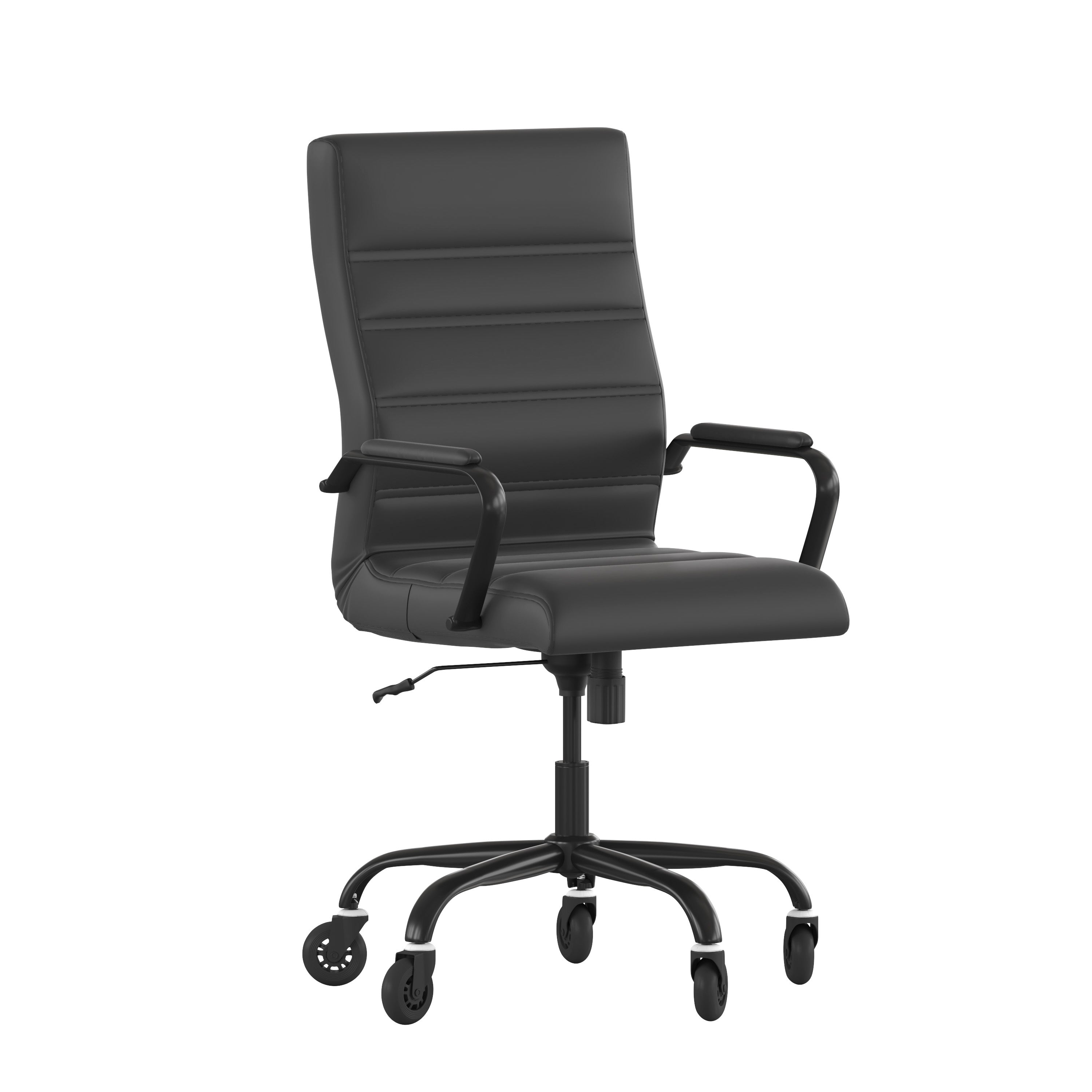 Whitney High Back Black LeatherSoft Executive Swivel Office Chair with Black Frame, Arms, and Transparent Roller Wheels