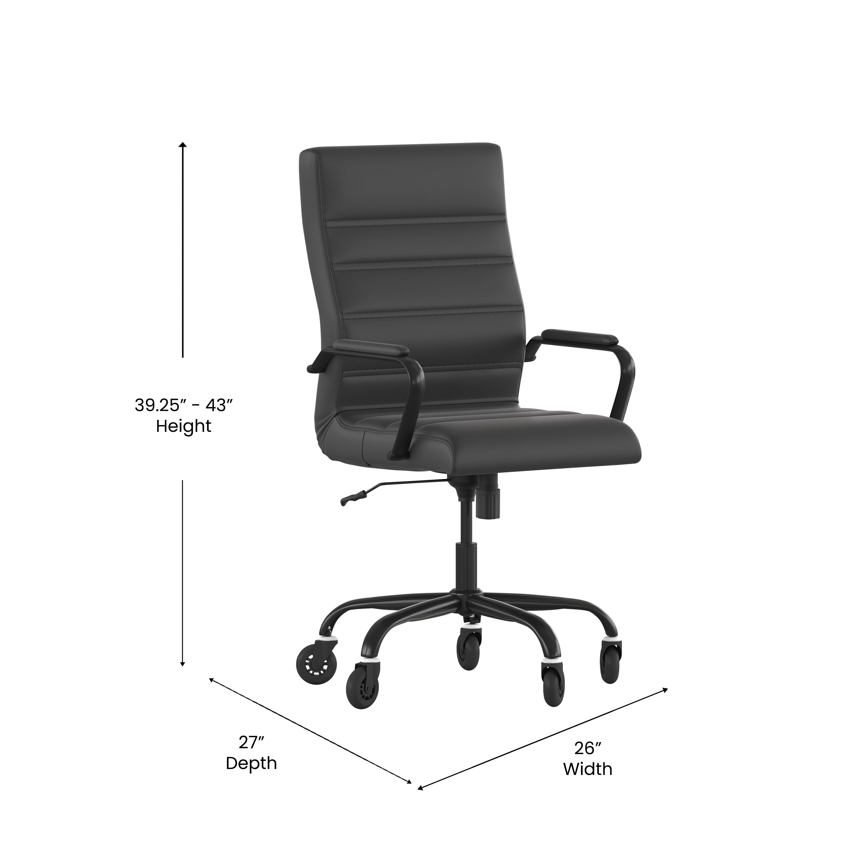Whitney High Back Black LeatherSoft Executive Swivel Office Chair with Black Frame, Arms, and Transparent Roller Wheels