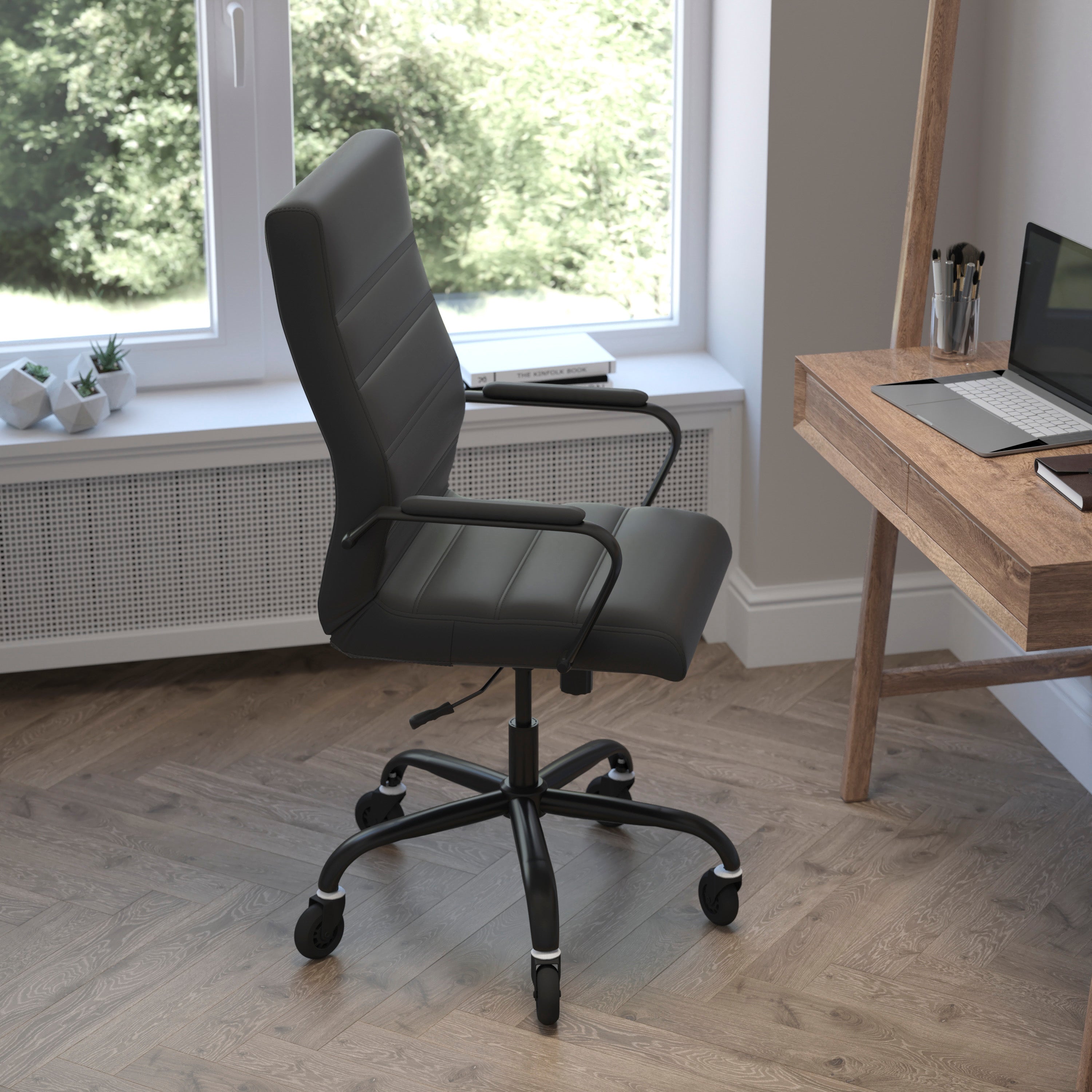 Whitney High Back Black LeatherSoft Executive Swivel Office Chair with Black Frame, Arms, and Transparent Roller Wheels