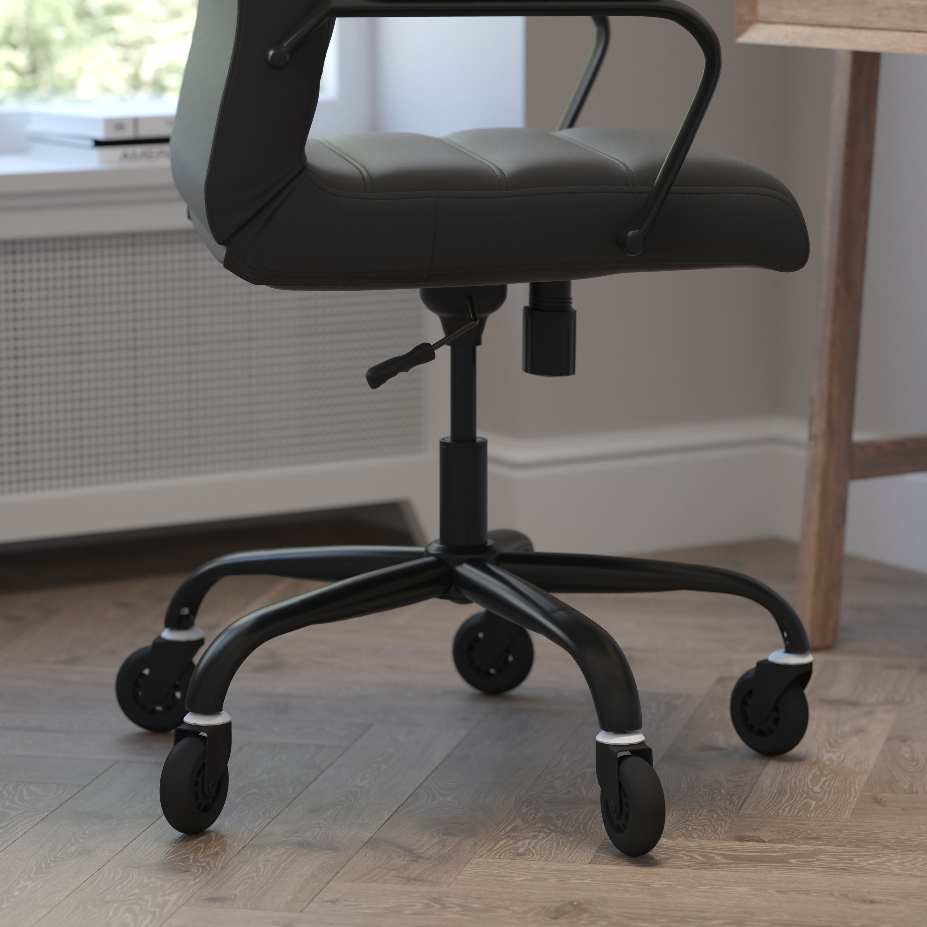 Whitney High Back Black LeatherSoft Executive Swivel Office Chair with Black Frame, Arms, and Transparent Roller Wheels