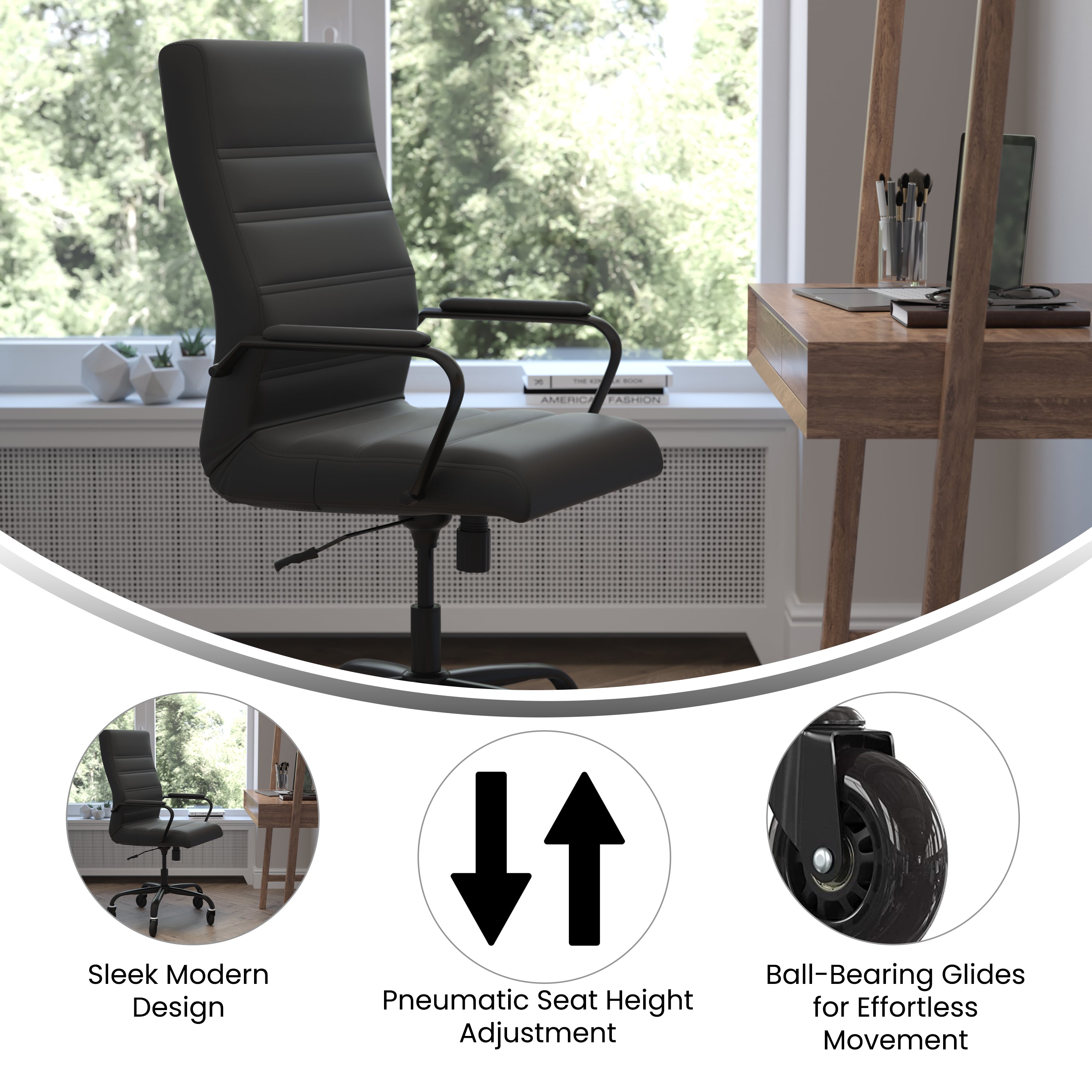 Whitney High Back Black LeatherSoft Executive Swivel Office Chair with Black Frame, Arms, and Transparent Roller Wheels
