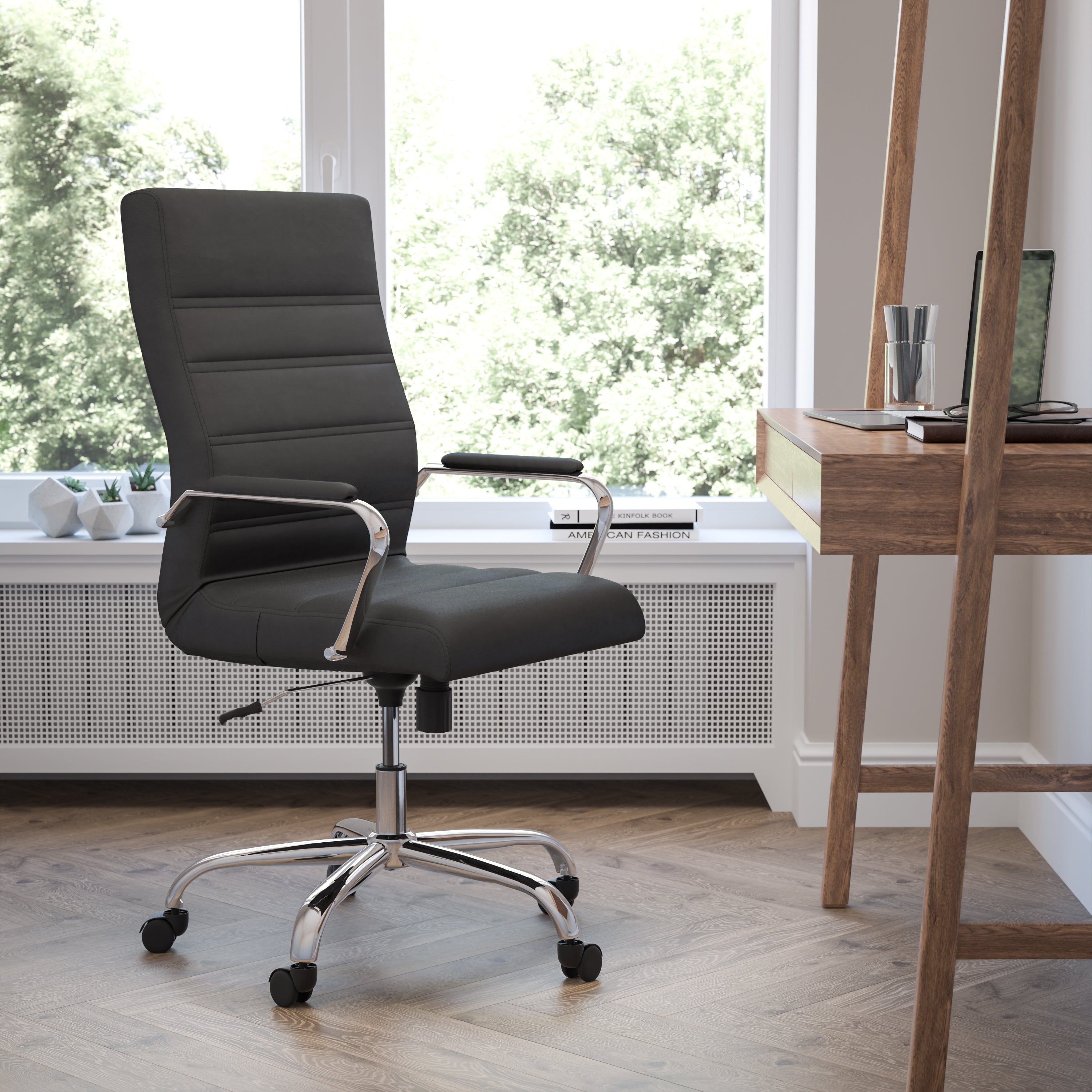 Whitney High Back Black LeatherSoft Executive Swivel Office Chair with Chrome Frame and Arms