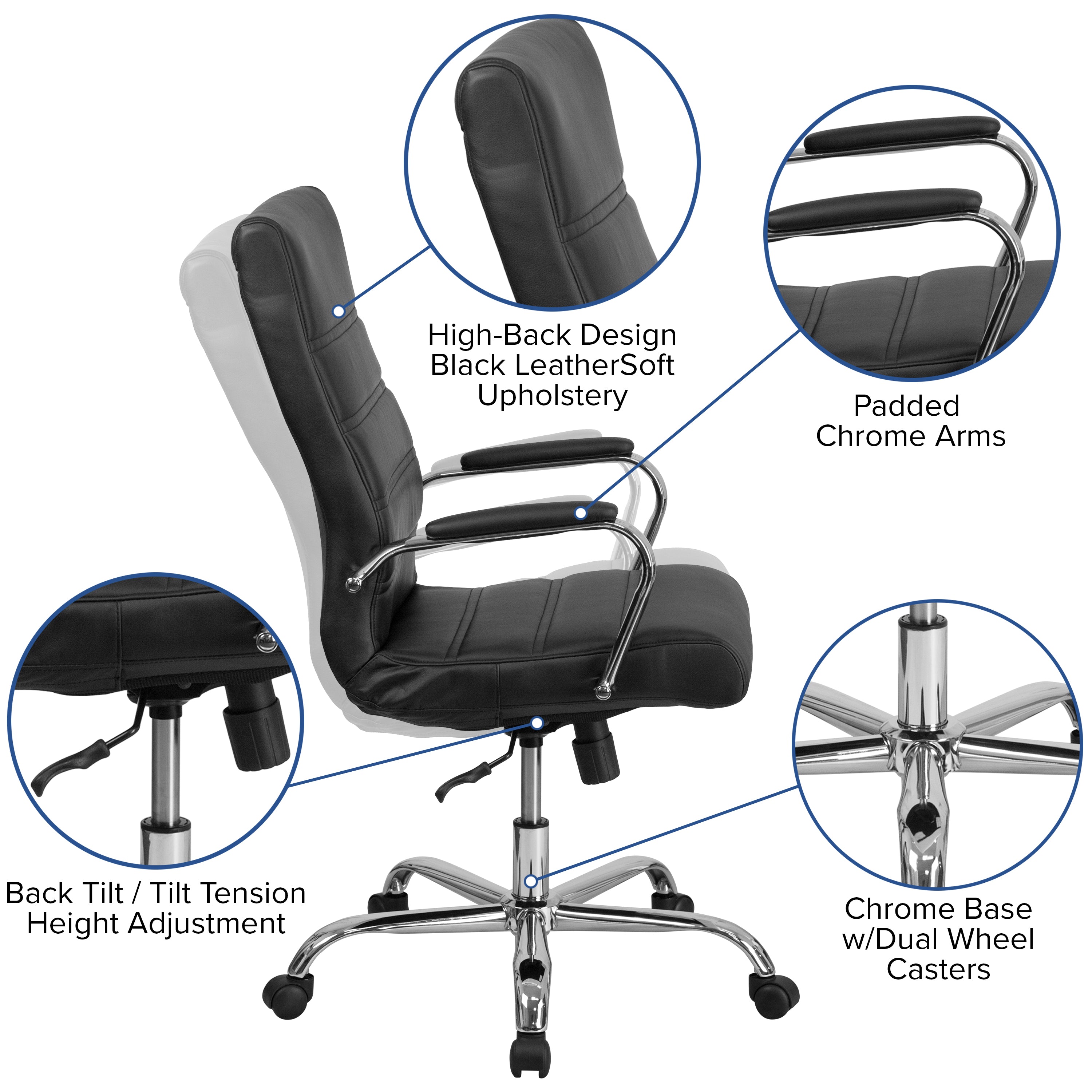 Whitney High Back Black LeatherSoft Executive Swivel Office Chair with Chrome Frame and Arms
