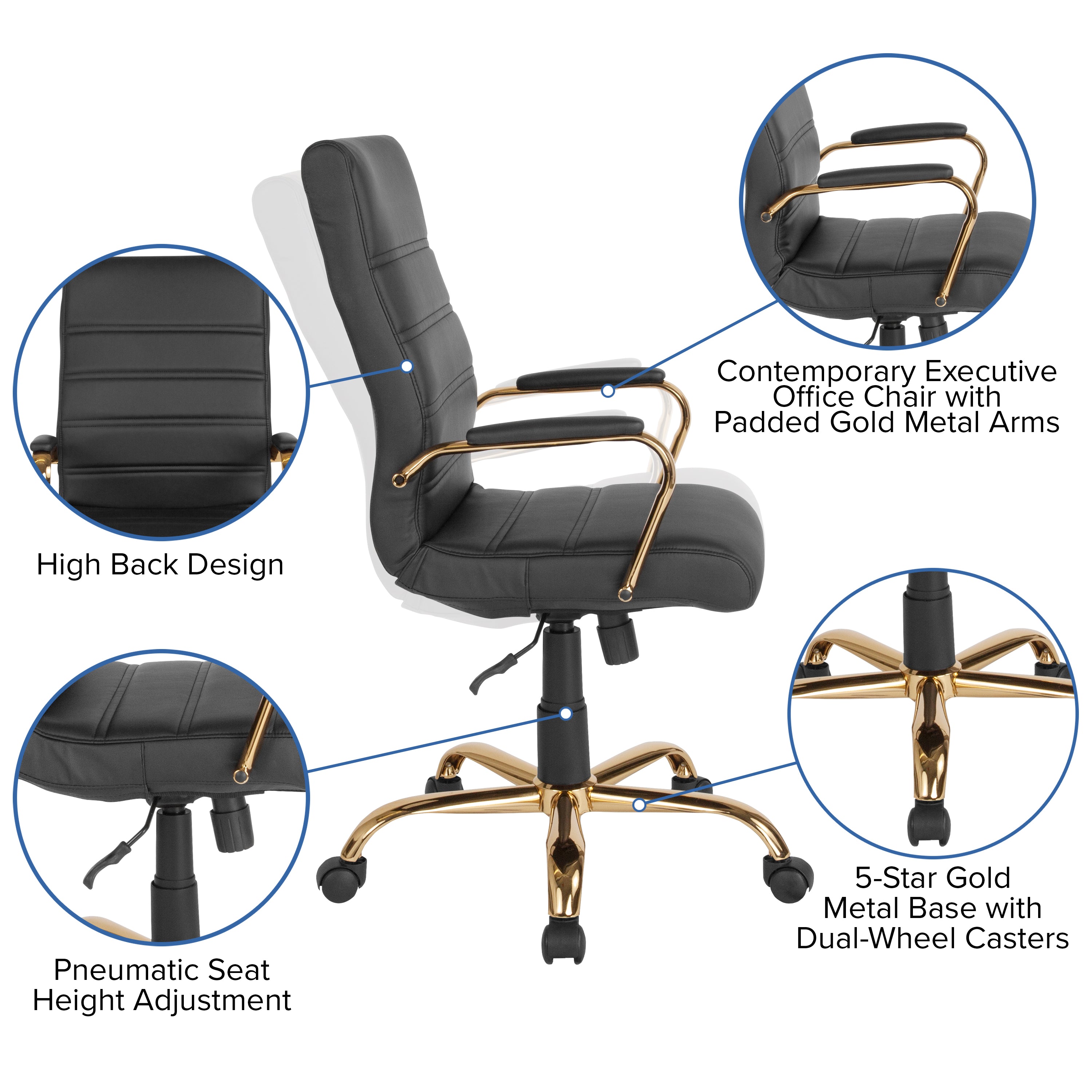 Whitney High Back Black LeatherSoft Executive Swivel Office Chair with Gold Frame and Arms