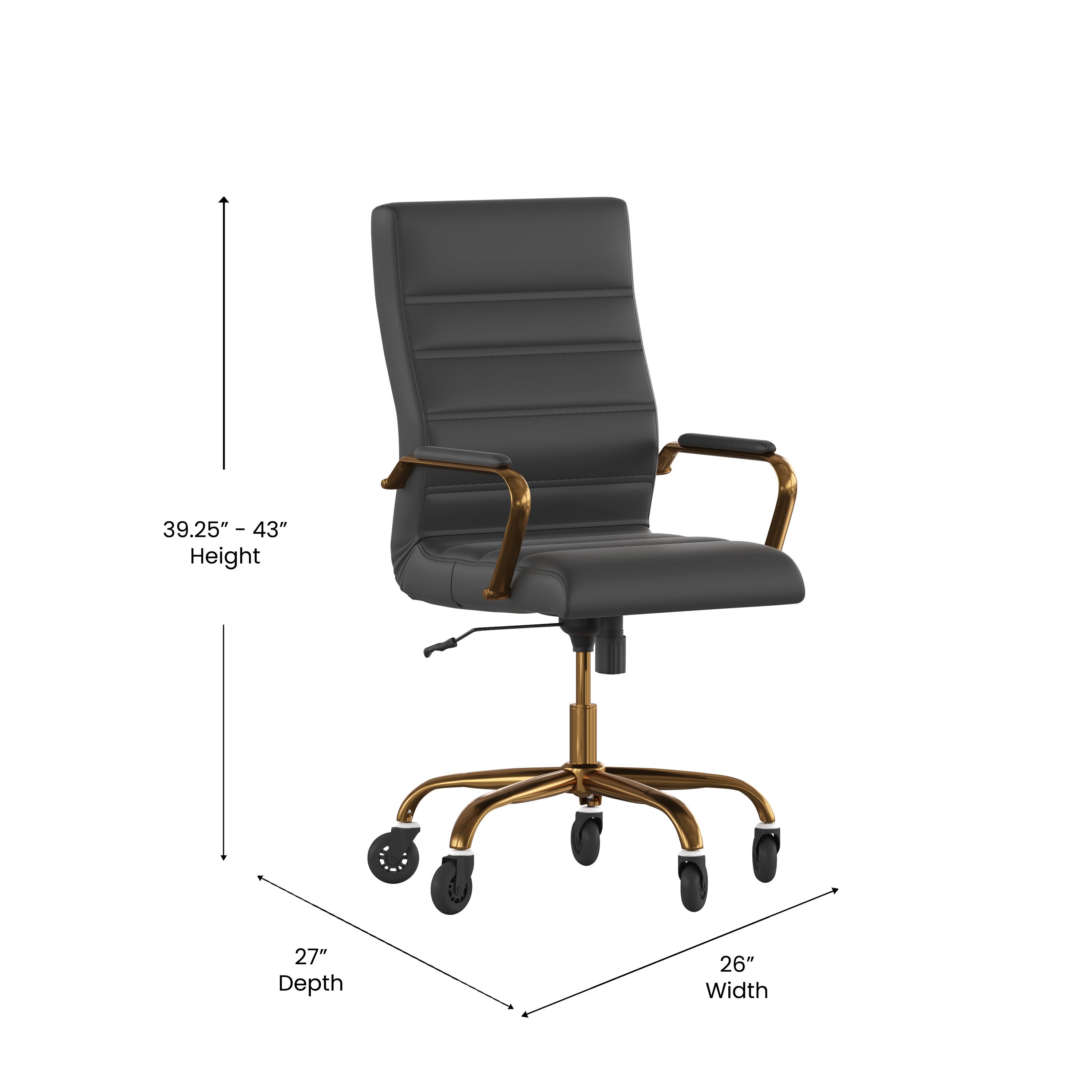 Whitney High Back Black LeatherSoft Executive Swivel Office Chair with Gold Frame, Arms, and Transparent Roller Wheels