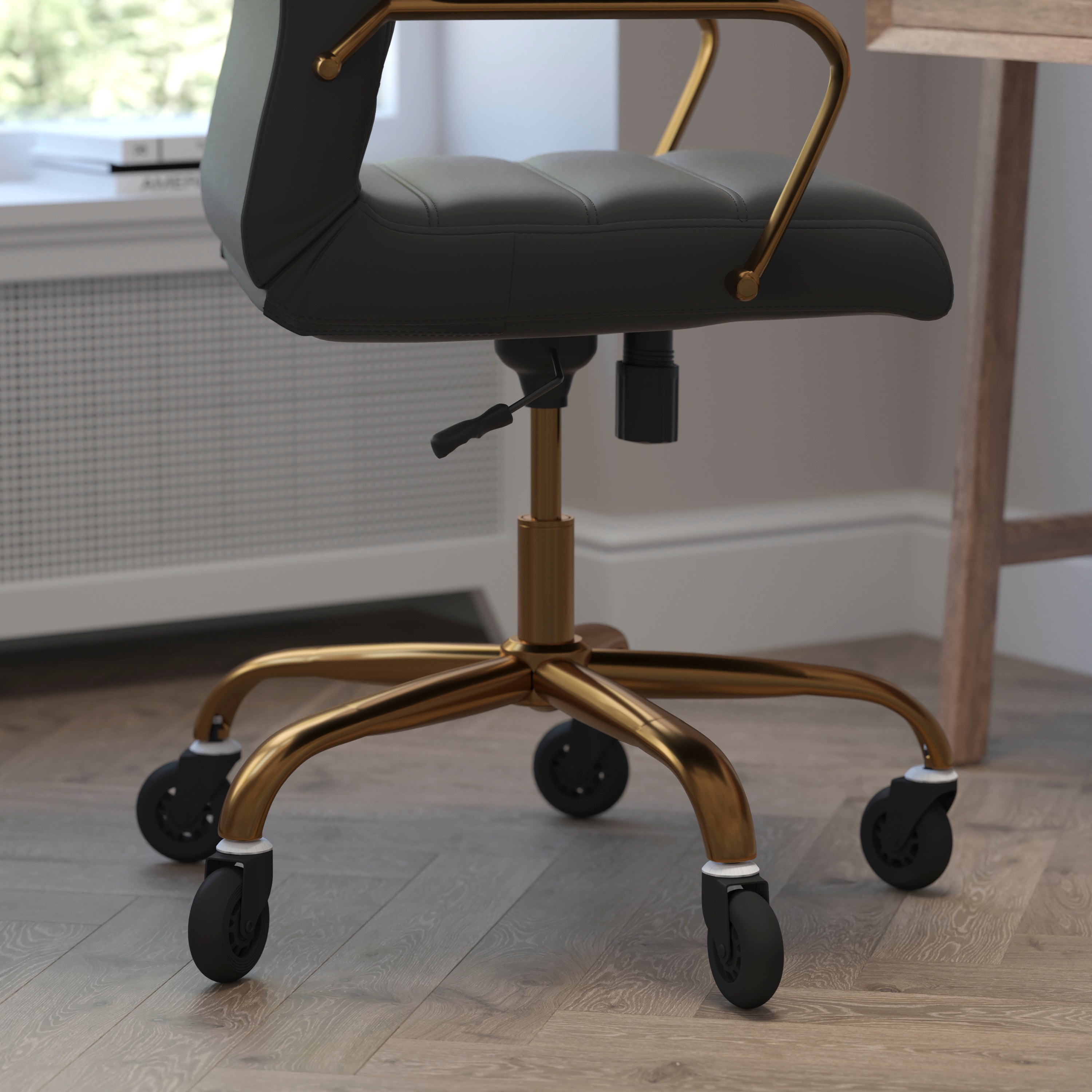 Whitney High Back Black LeatherSoft Executive Swivel Office Chair with Gold Frame, Arms, and Transparent Roller Wheels