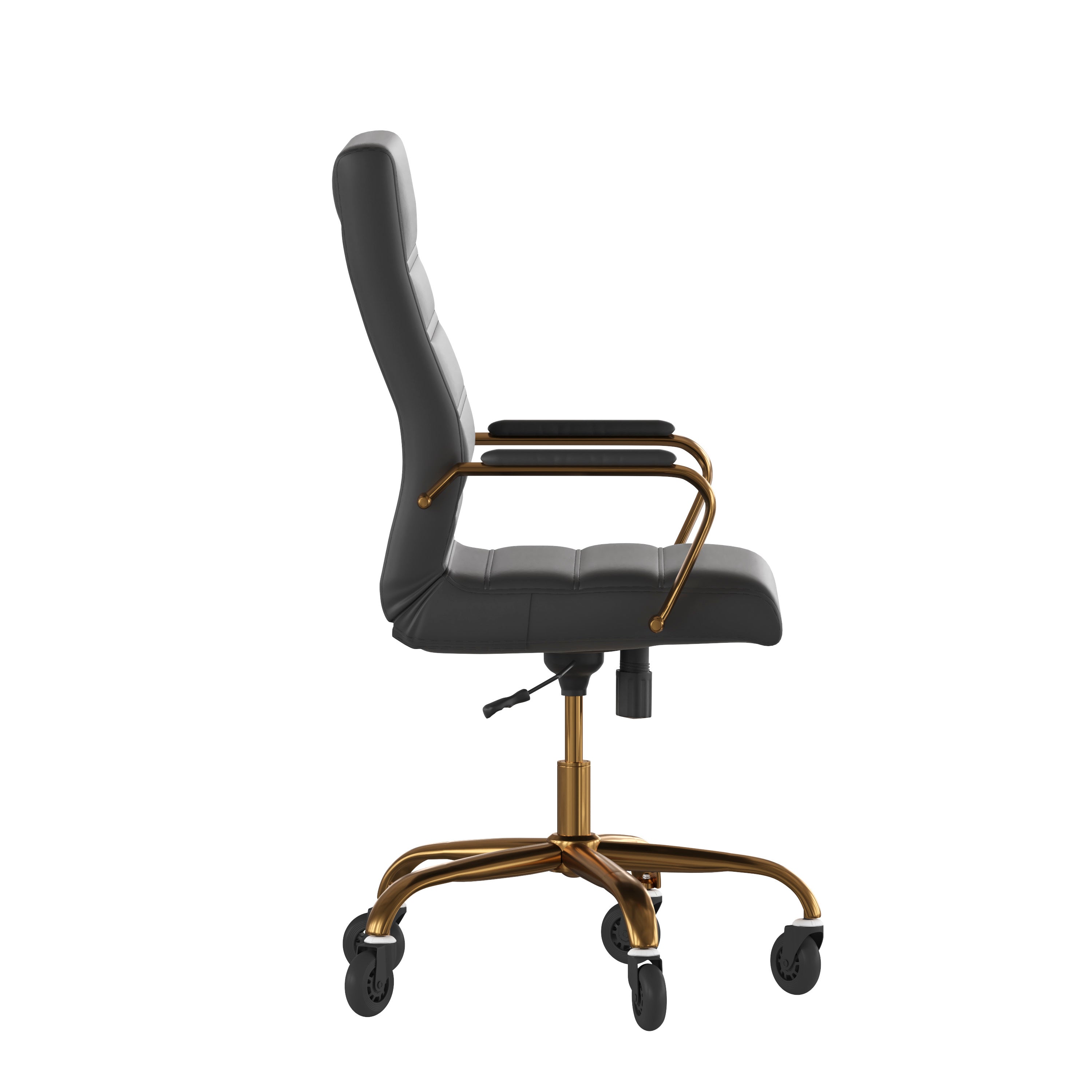 Whitney High Back Black LeatherSoft Executive Swivel Office Chair with Gold Frame, Arms, and Transparent Roller Wheels