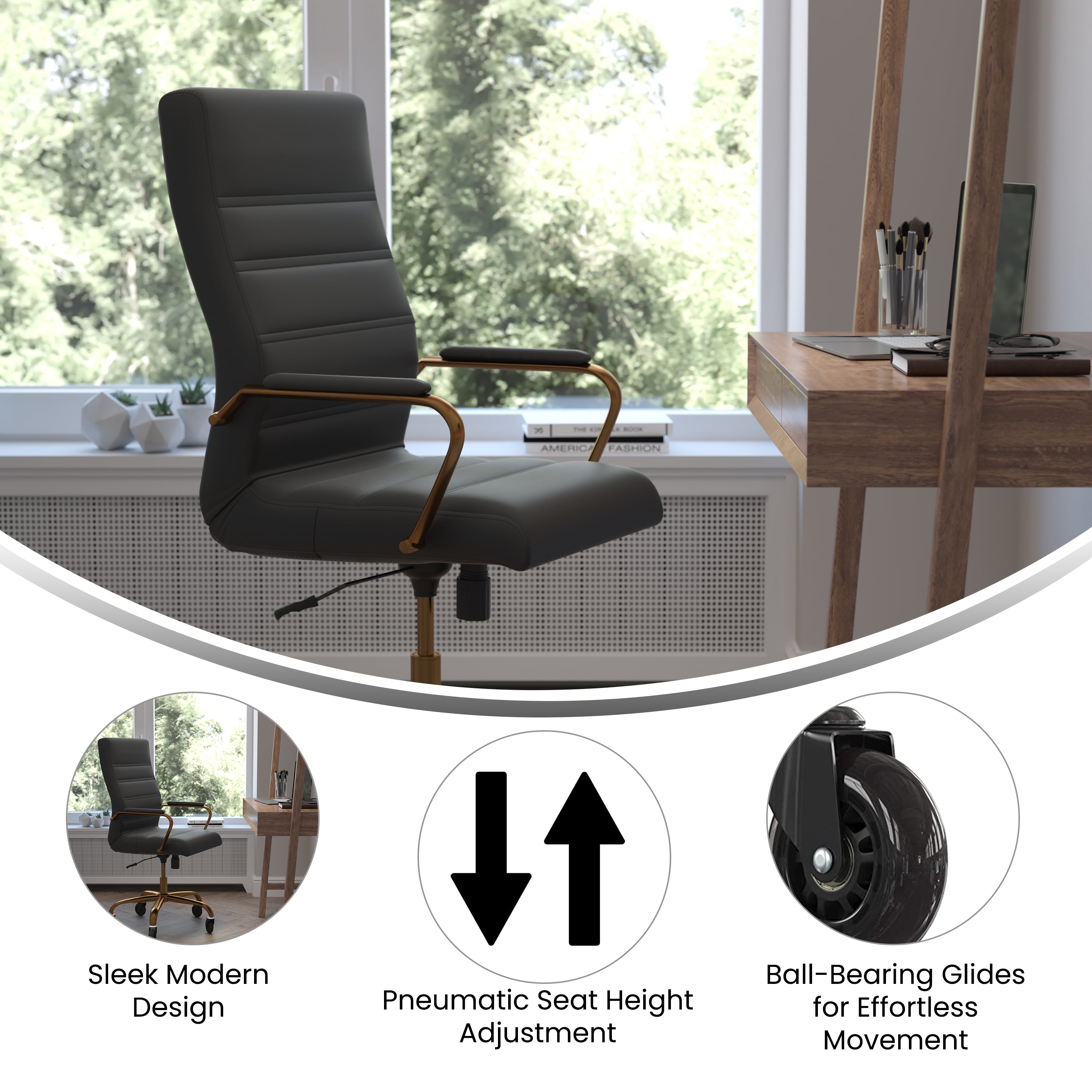 Whitney High Back Black LeatherSoft Executive Swivel Office Chair with Gold Frame, Arms, and Transparent Roller Wheels