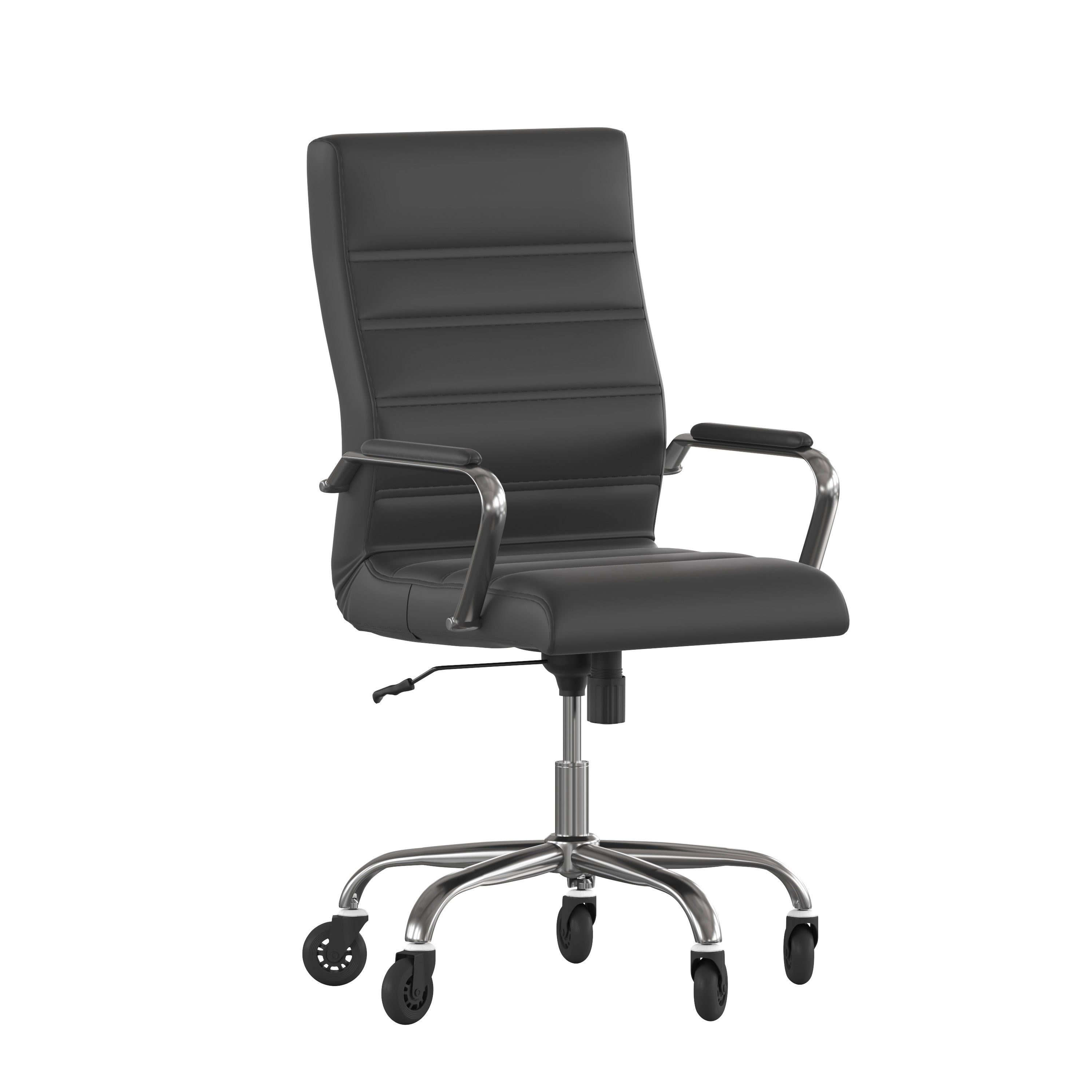 Whitney High Back Black LeatherSoft Executive Swivel Office Chair with Chrome Frame, Arms, and Transparent Roller Wheels