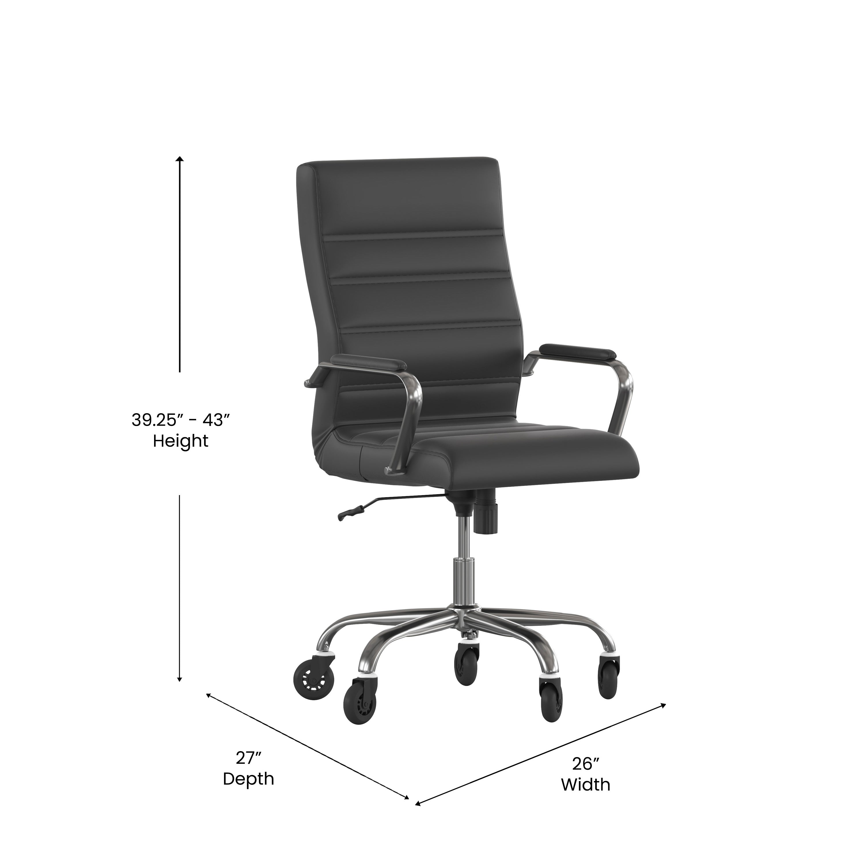 Whitney High Back Black LeatherSoft Executive Swivel Office Chair with Chrome Frame, Arms, and Transparent Roller Wheels