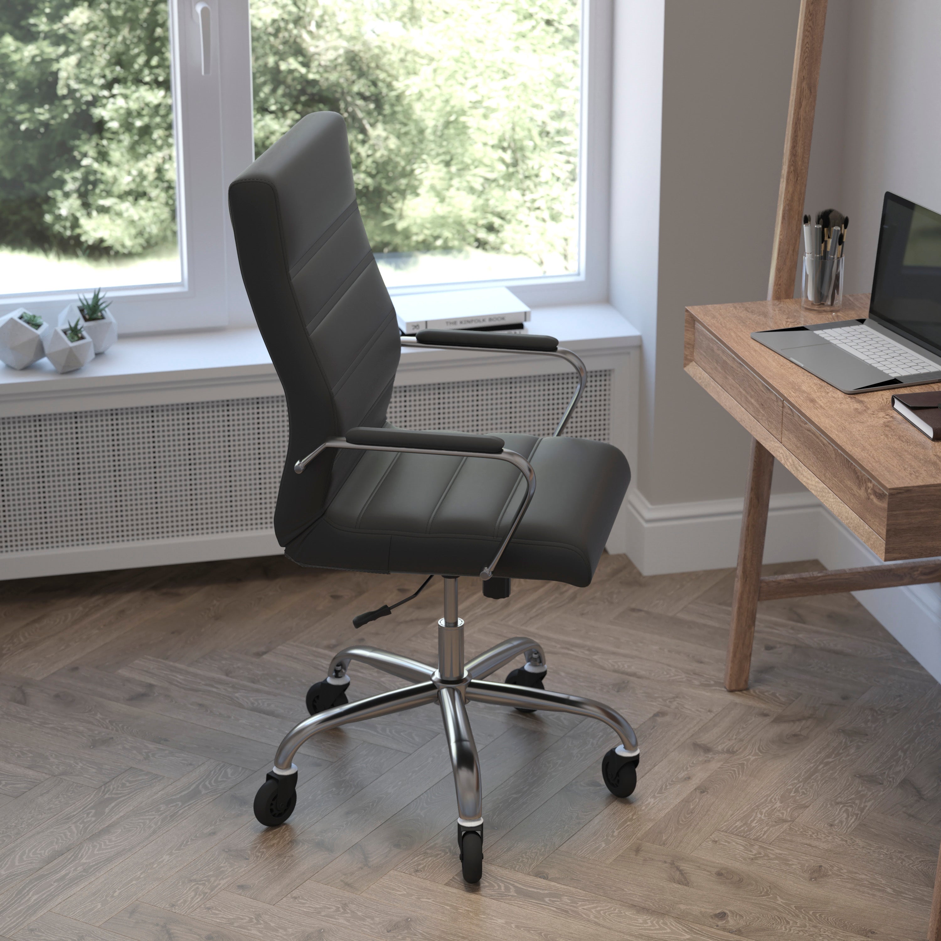 Whitney High Back Black LeatherSoft Executive Swivel Office Chair with Chrome Frame, Arms, and Transparent Roller Wheels