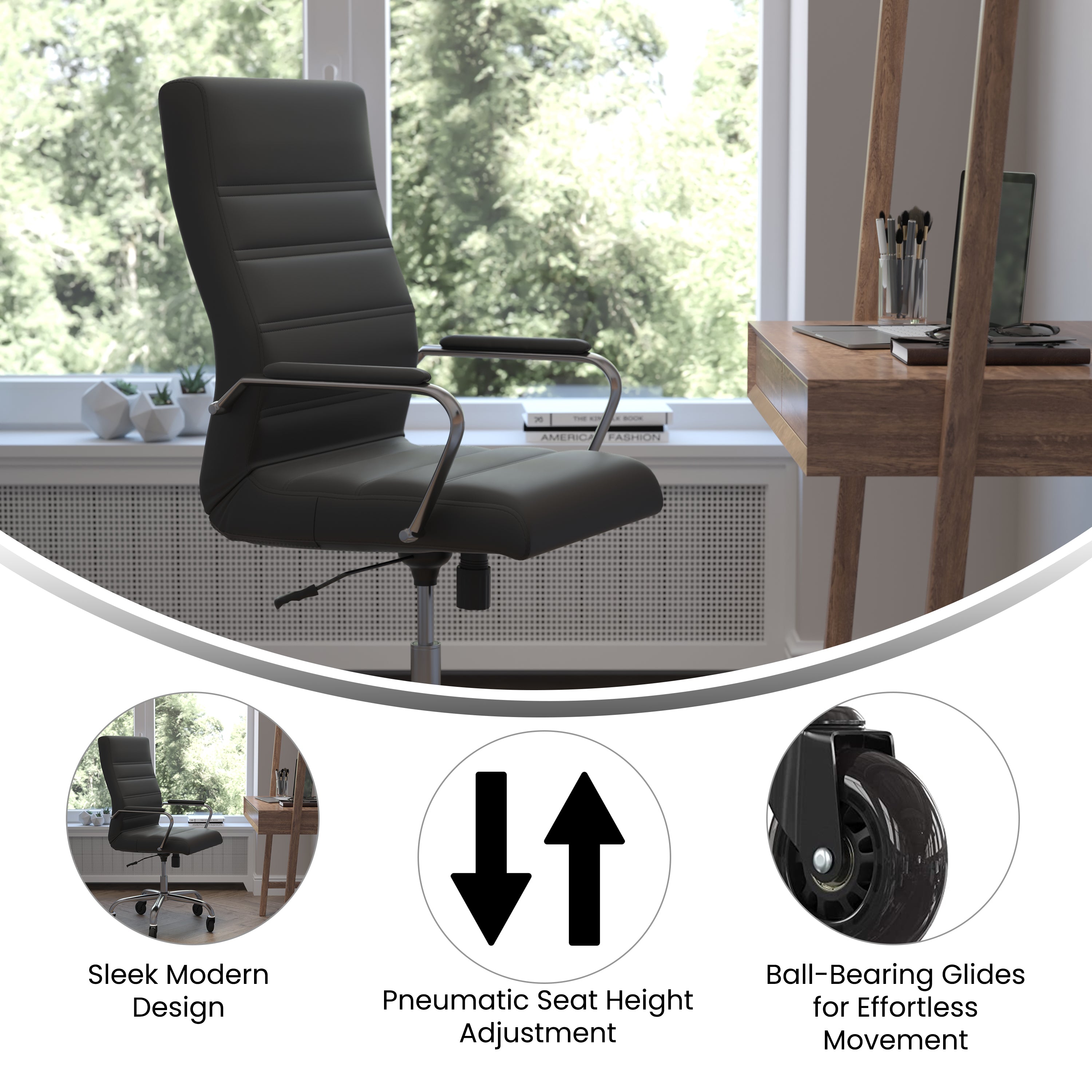 Whitney High Back Black LeatherSoft Executive Swivel Office Chair with Chrome Frame, Arms, and Transparent Roller Wheels