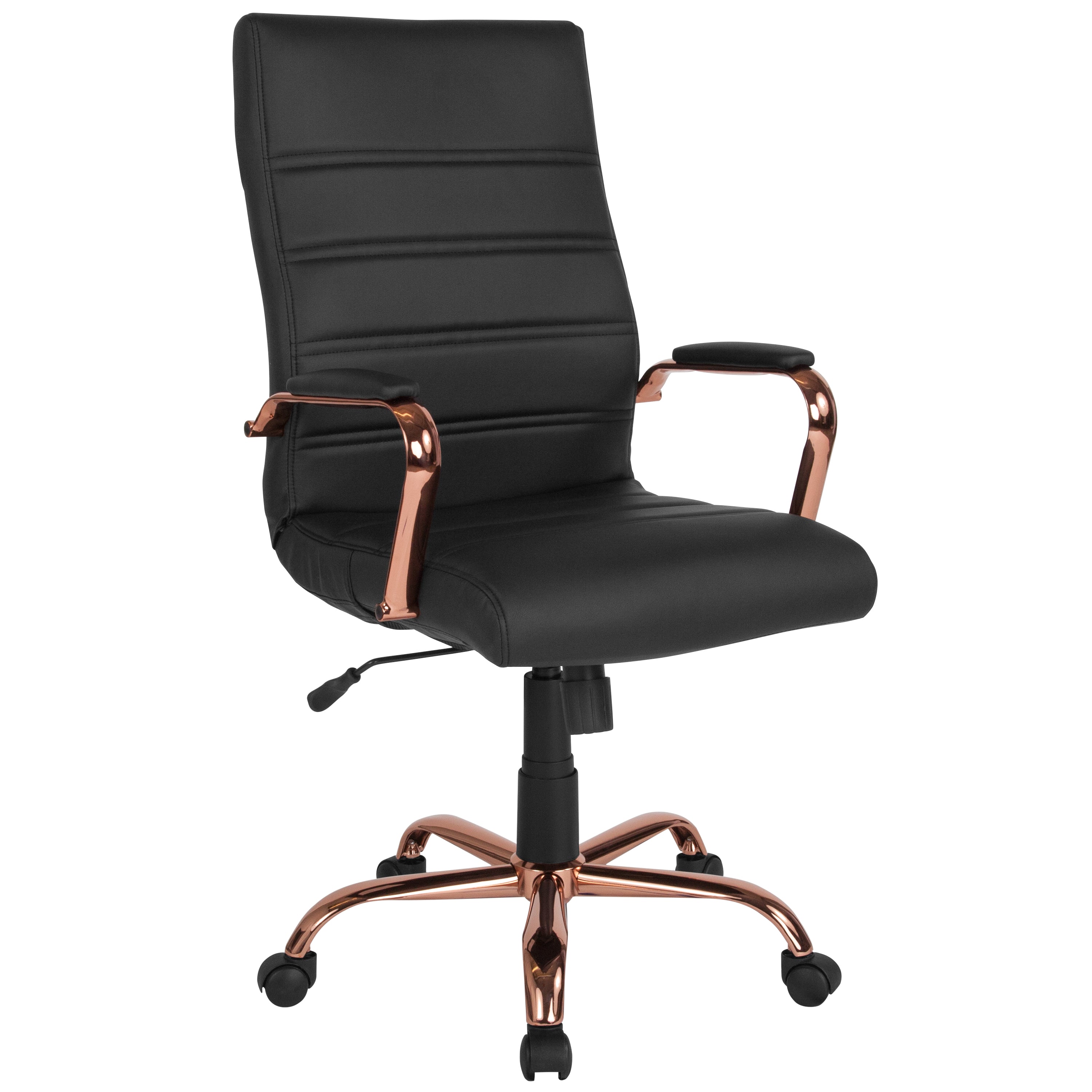 Whitney High Back Black LeatherSoft Executive Swivel Office Chair with Rose Gold Frame and Arms