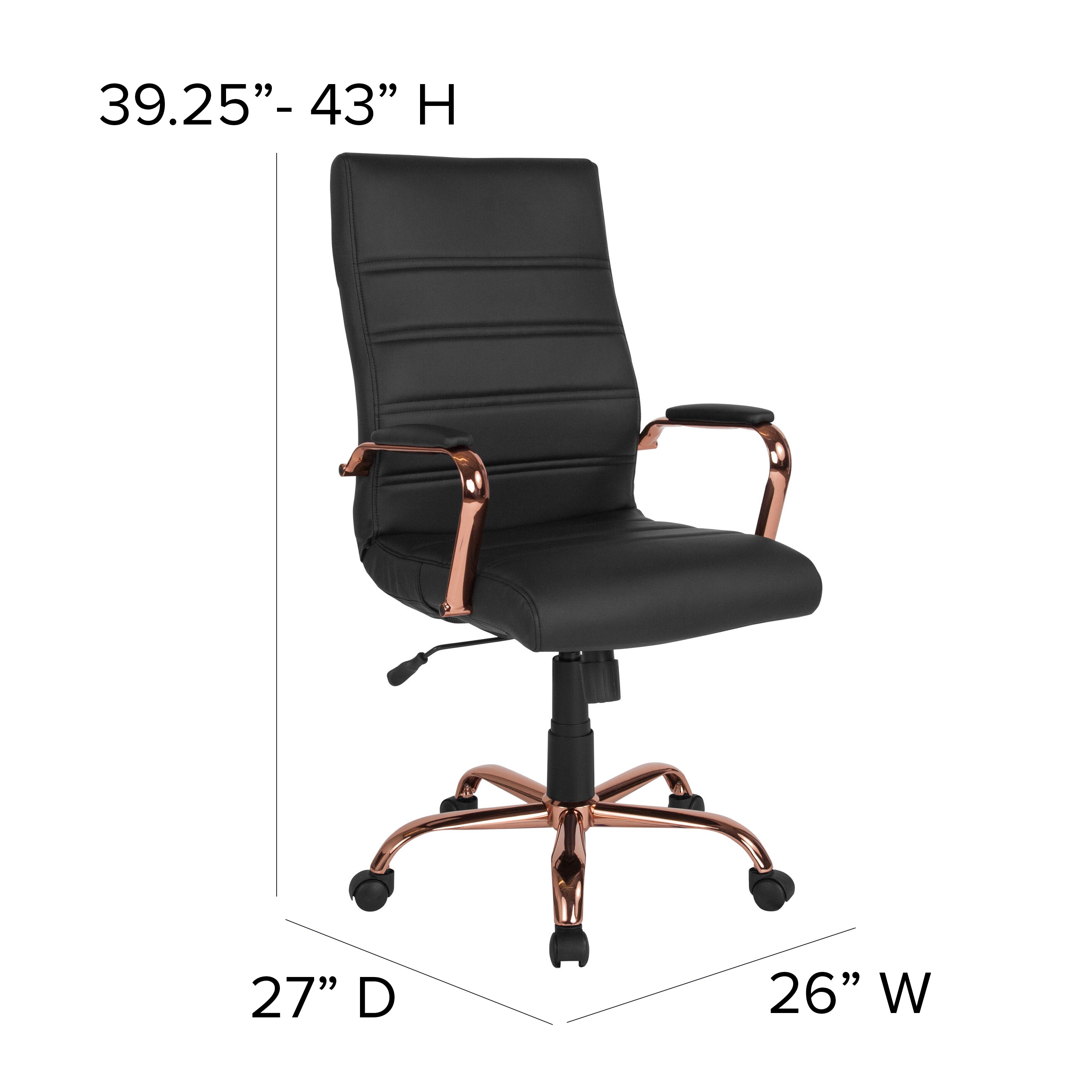 Whitney High Back Black LeatherSoft Executive Swivel Office Chair with Rose Gold Frame and Arms