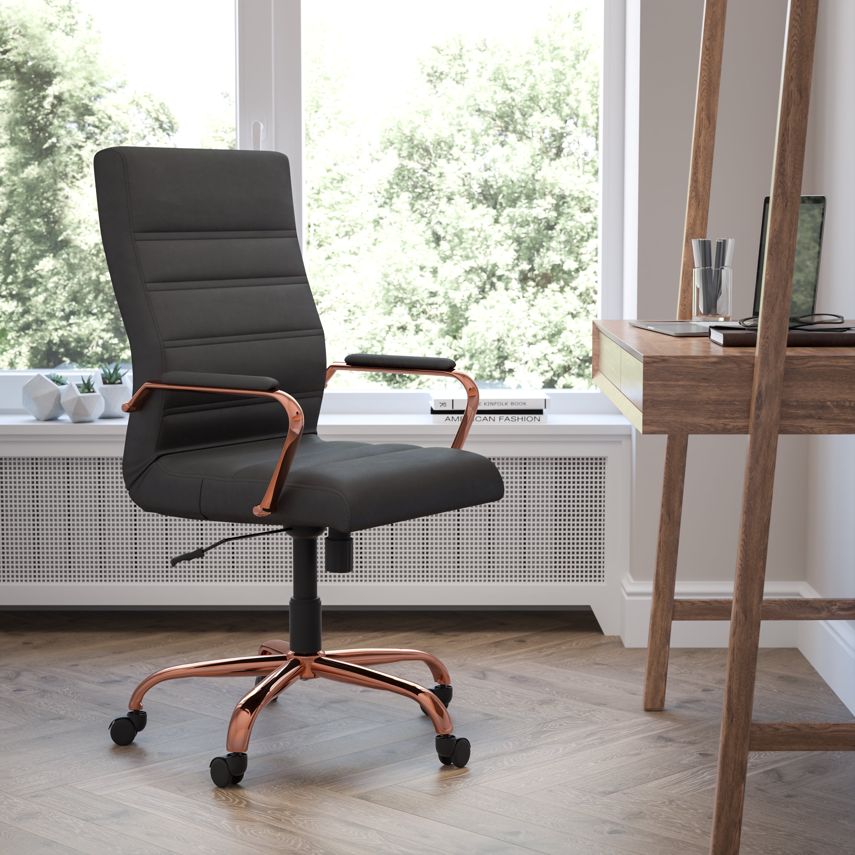 Whitney High Back Black LeatherSoft Executive Swivel Office Chair with Rose Gold Frame and Arms