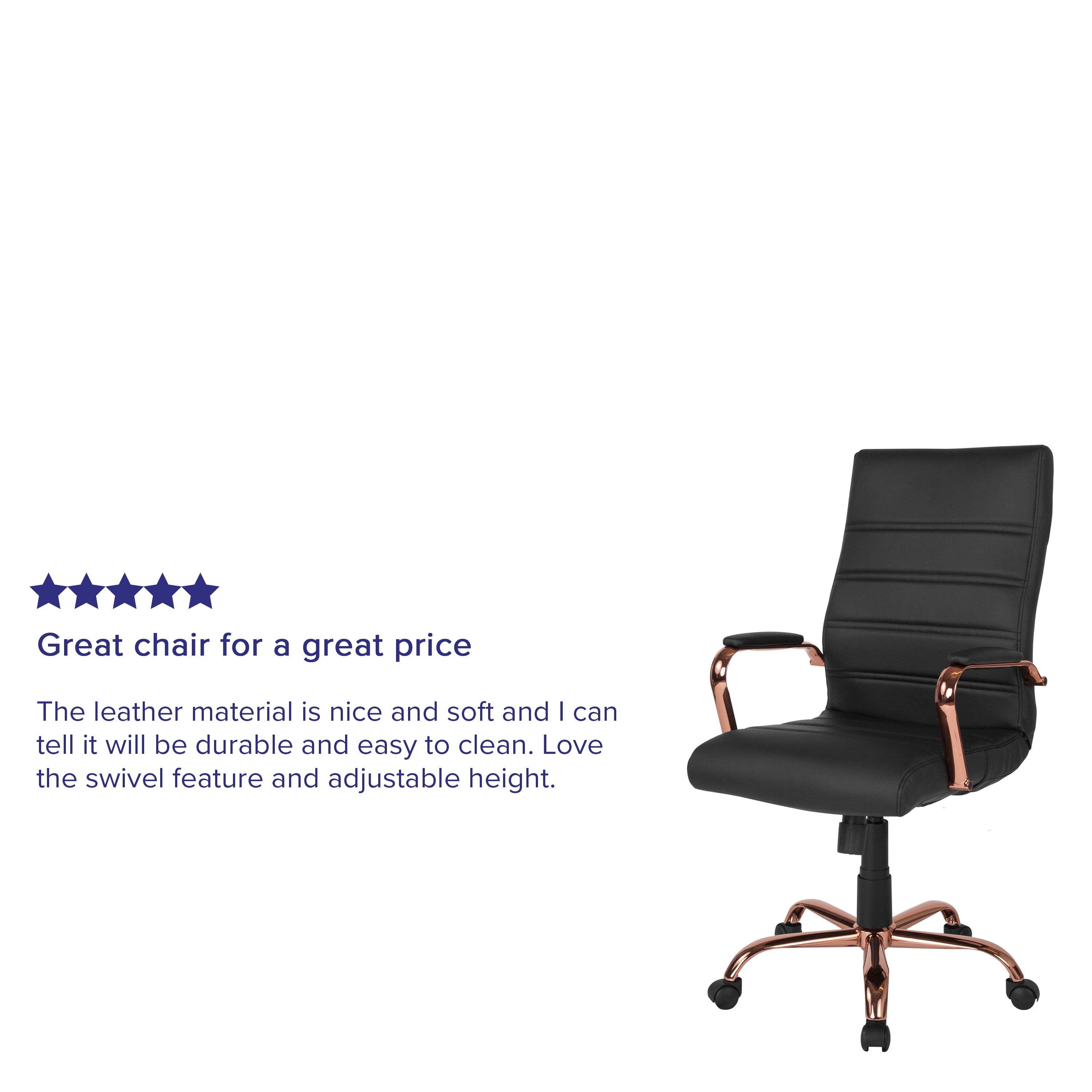 Whitney High Back Black LeatherSoft Executive Swivel Office Chair with Rose Gold Frame and Arms