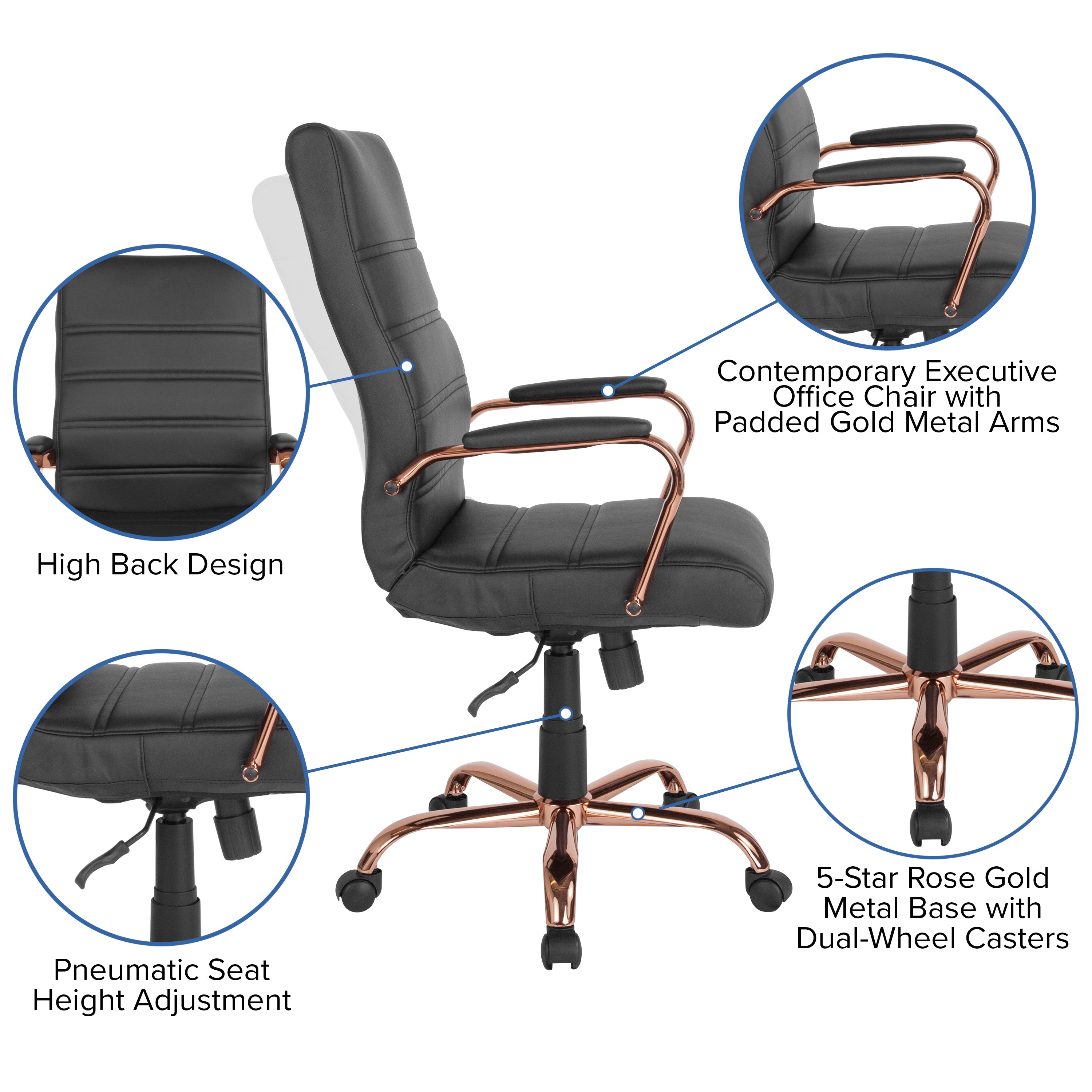 Whitney High Back Black LeatherSoft Executive Swivel Office Chair with Rose Gold Frame and Arms