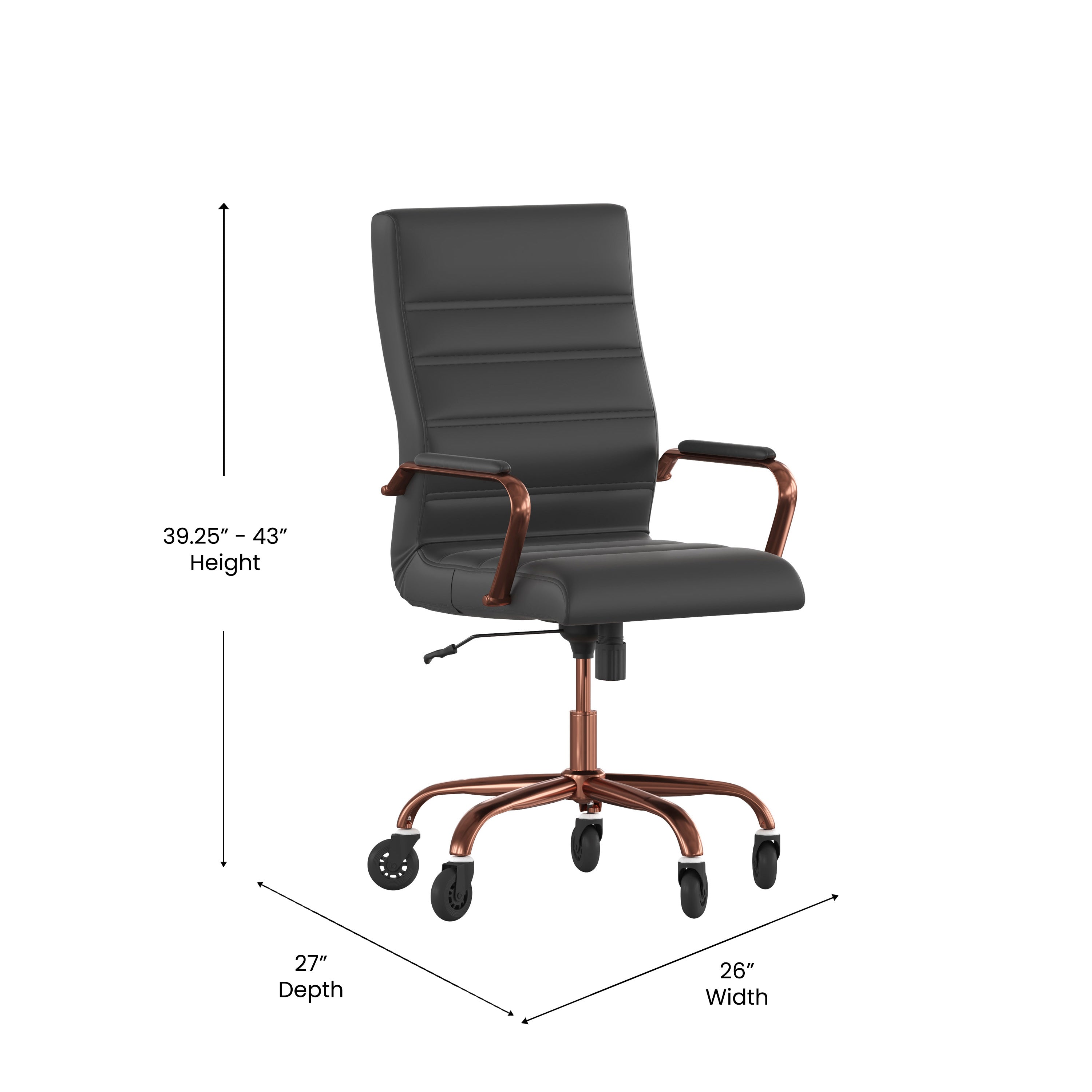 Whitney High Back Black LeatherSoft Executive Swivel Office Chair with Rose Gold Frame, Arms, and Transparent Roller Wheels