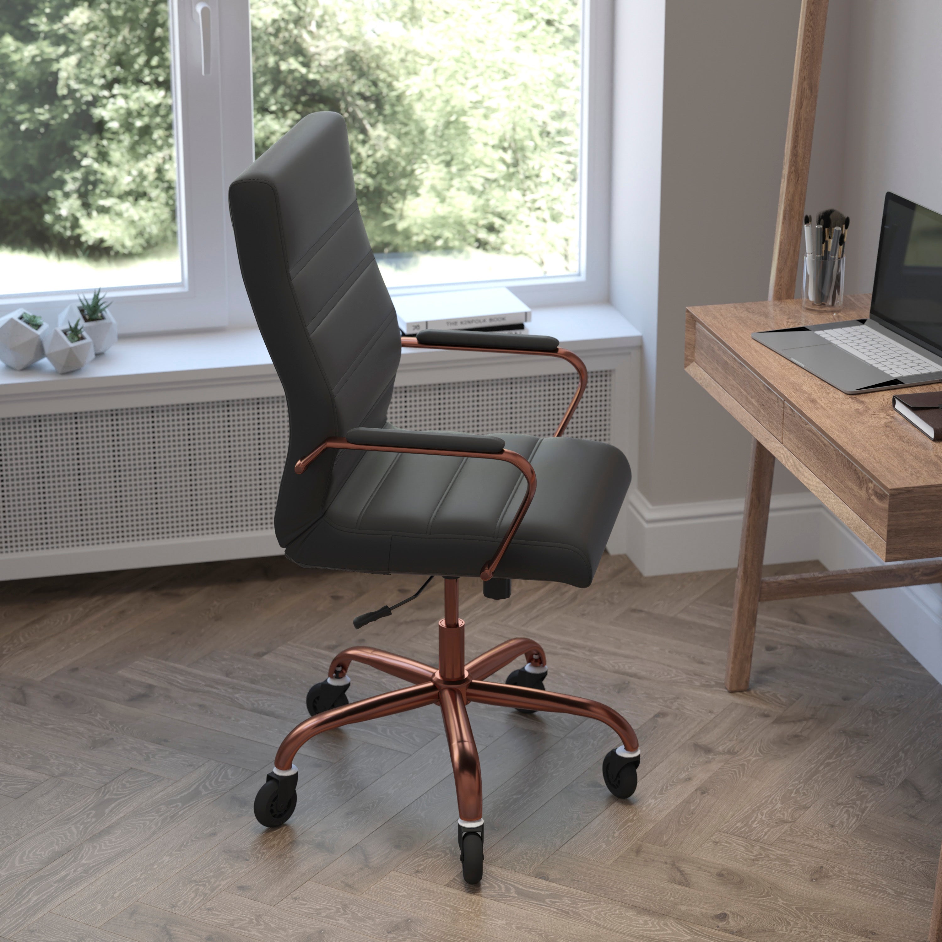 Whitney High Back Black LeatherSoft Executive Swivel Office Chair with Rose Gold Frame, Arms, and Transparent Roller Wheels