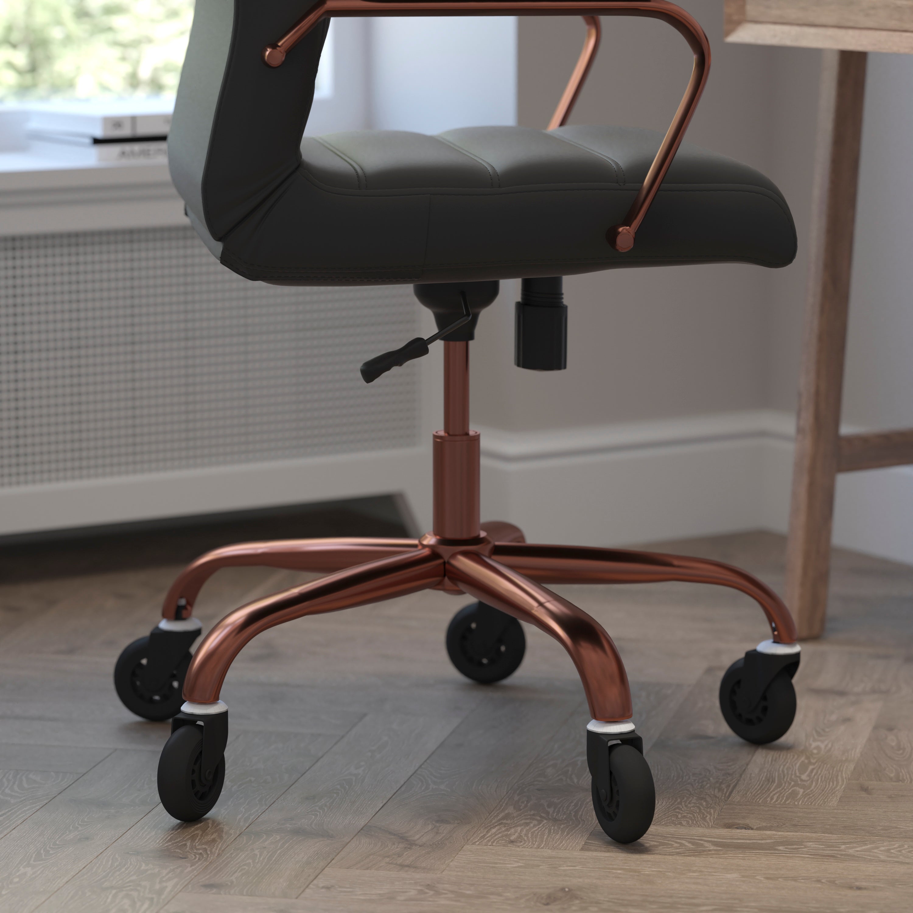 Whitney High Back Black LeatherSoft Executive Swivel Office Chair with Rose Gold Frame, Arms, and Transparent Roller Wheels