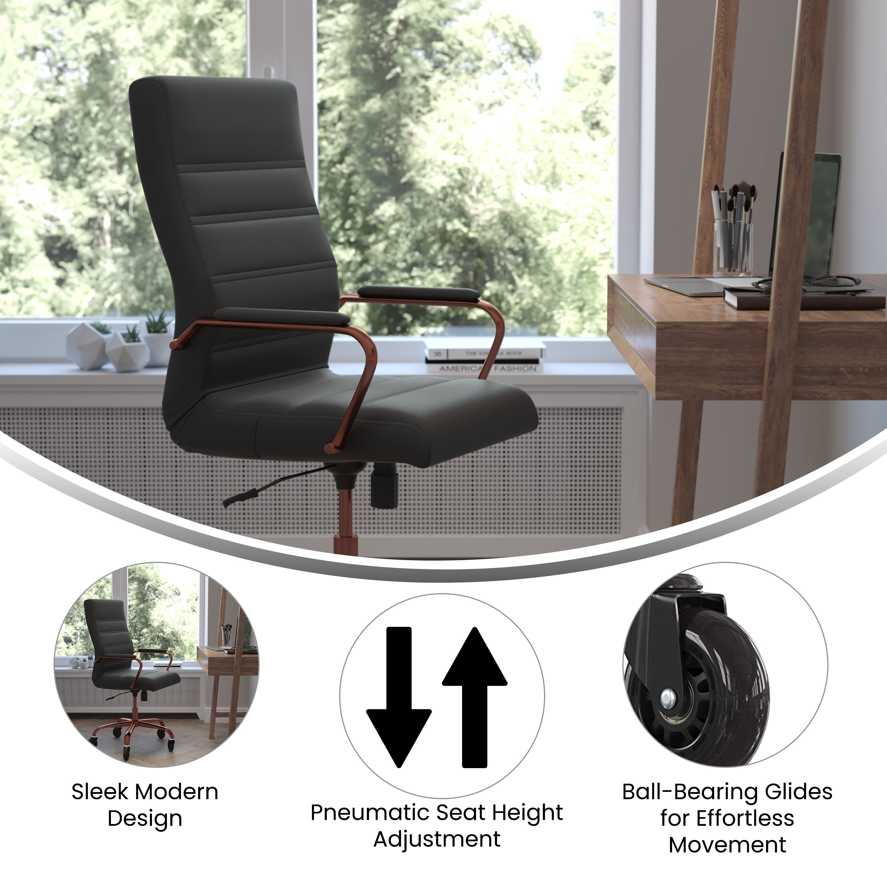 Whitney High Back Black LeatherSoft Executive Swivel Office Chair with Rose Gold Frame, Arms, and Transparent Roller Wheels
