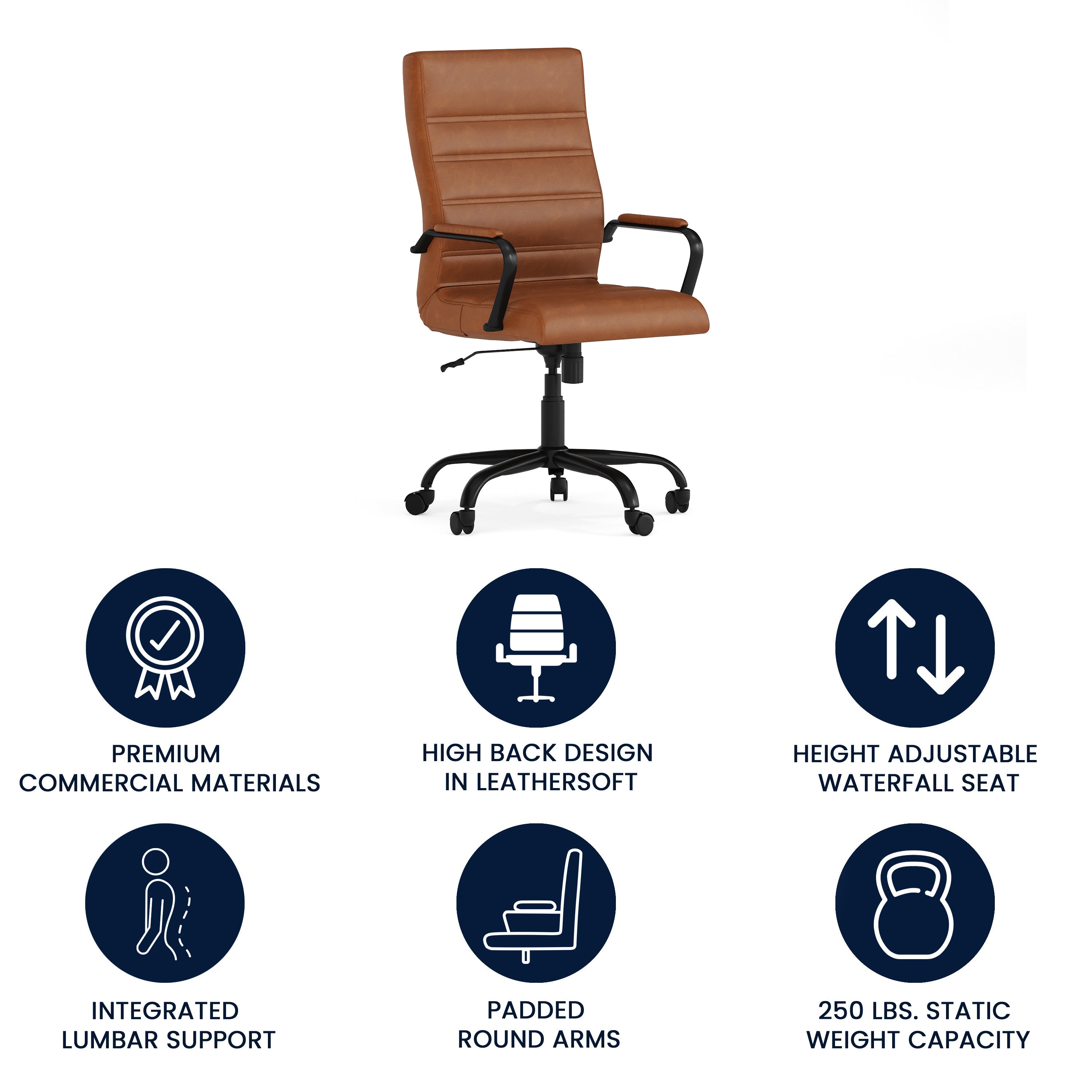 Whitney High Back Brown LeatherSoft Executive Swivel Office Chair with Black Frame and Arms