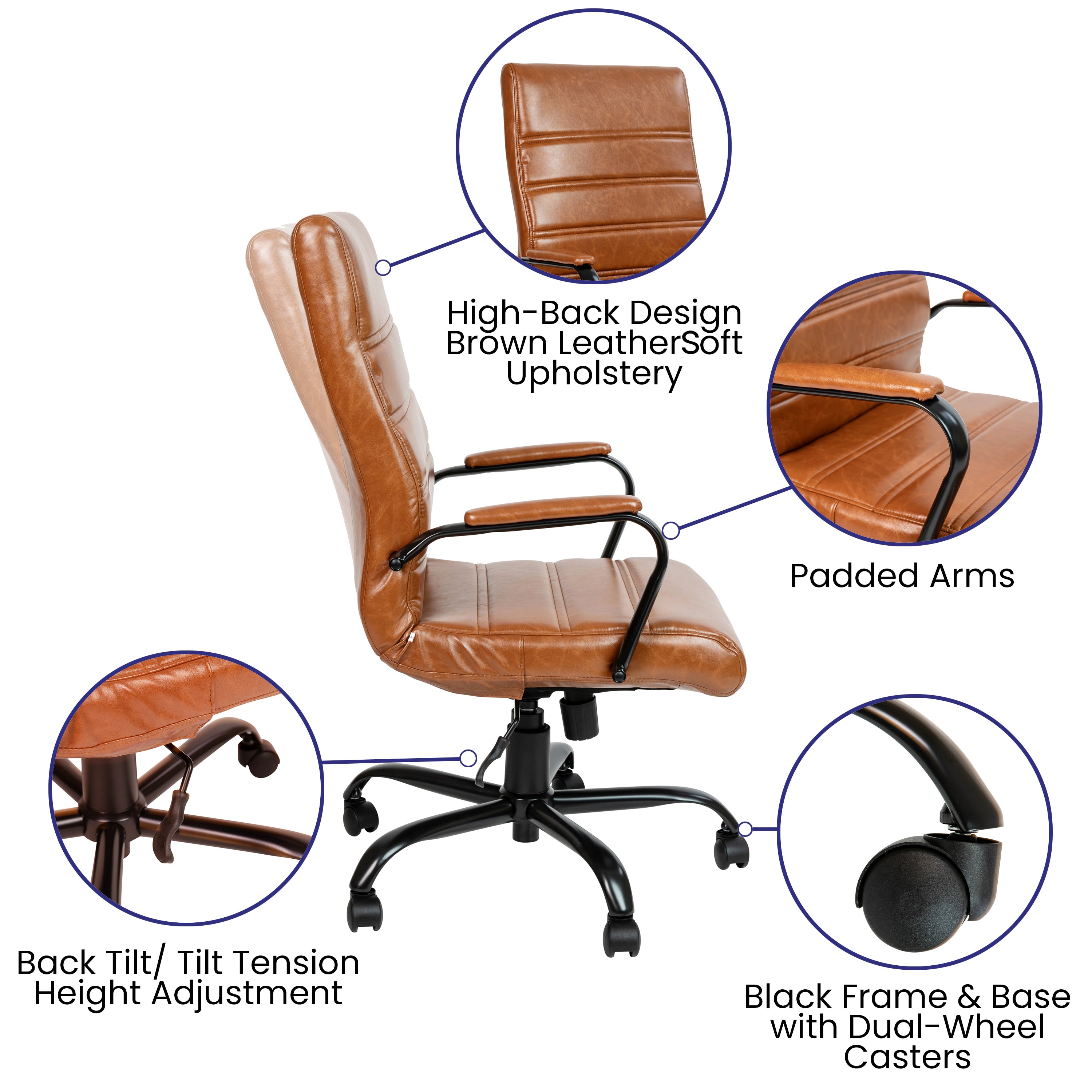 Whitney High Back Brown LeatherSoft Executive Swivel Office Chair with Black Frame and Arms