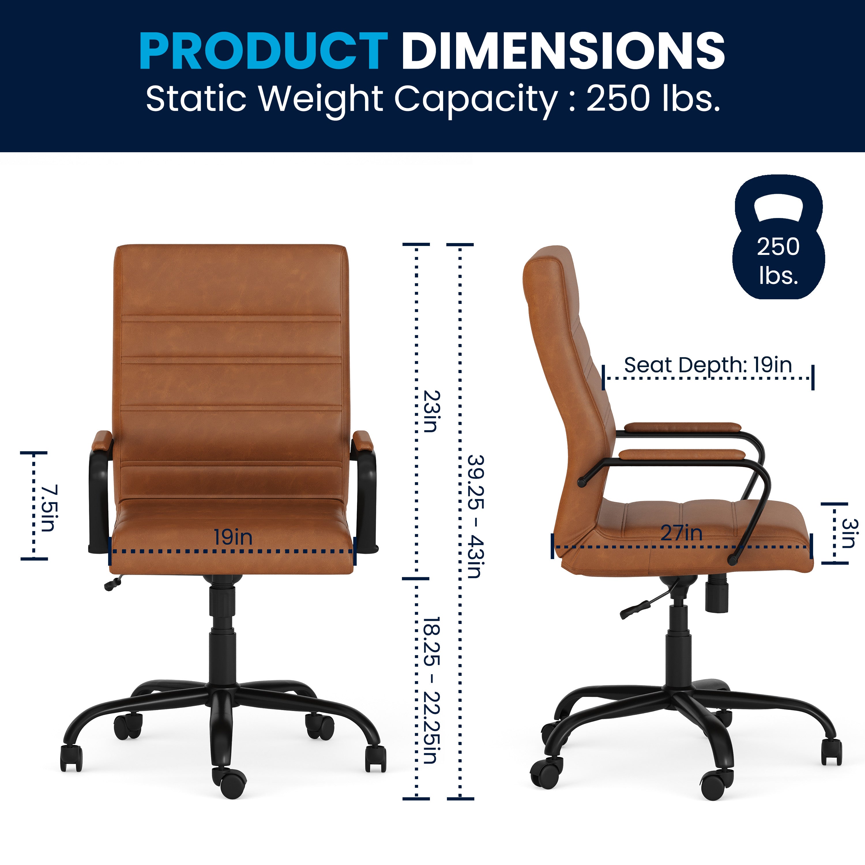 Whitney High Back Brown LeatherSoft Executive Swivel Office Chair with Black Frame and Arms