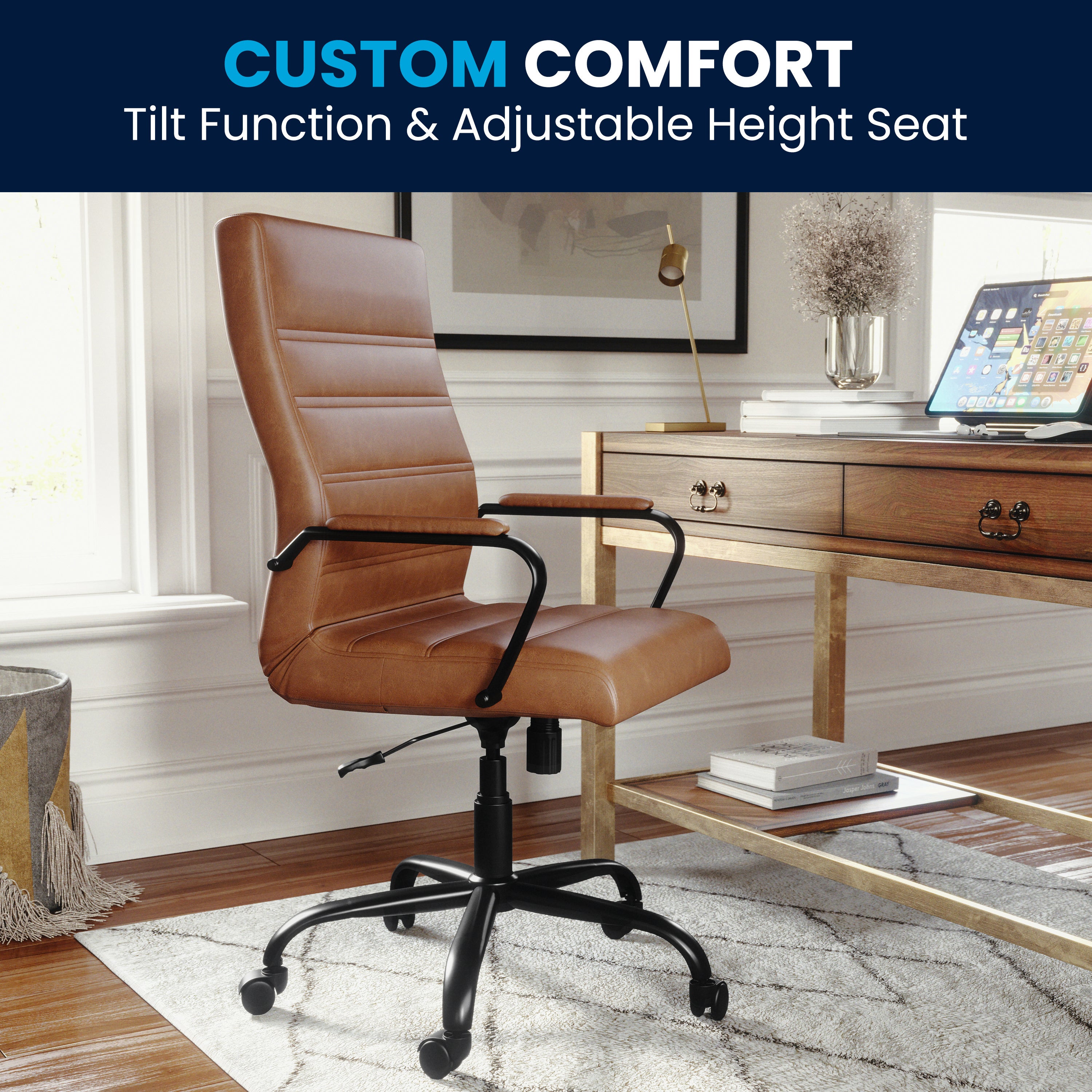 Whitney High Back Brown LeatherSoft Executive Swivel Office Chair with Black Frame and Arms