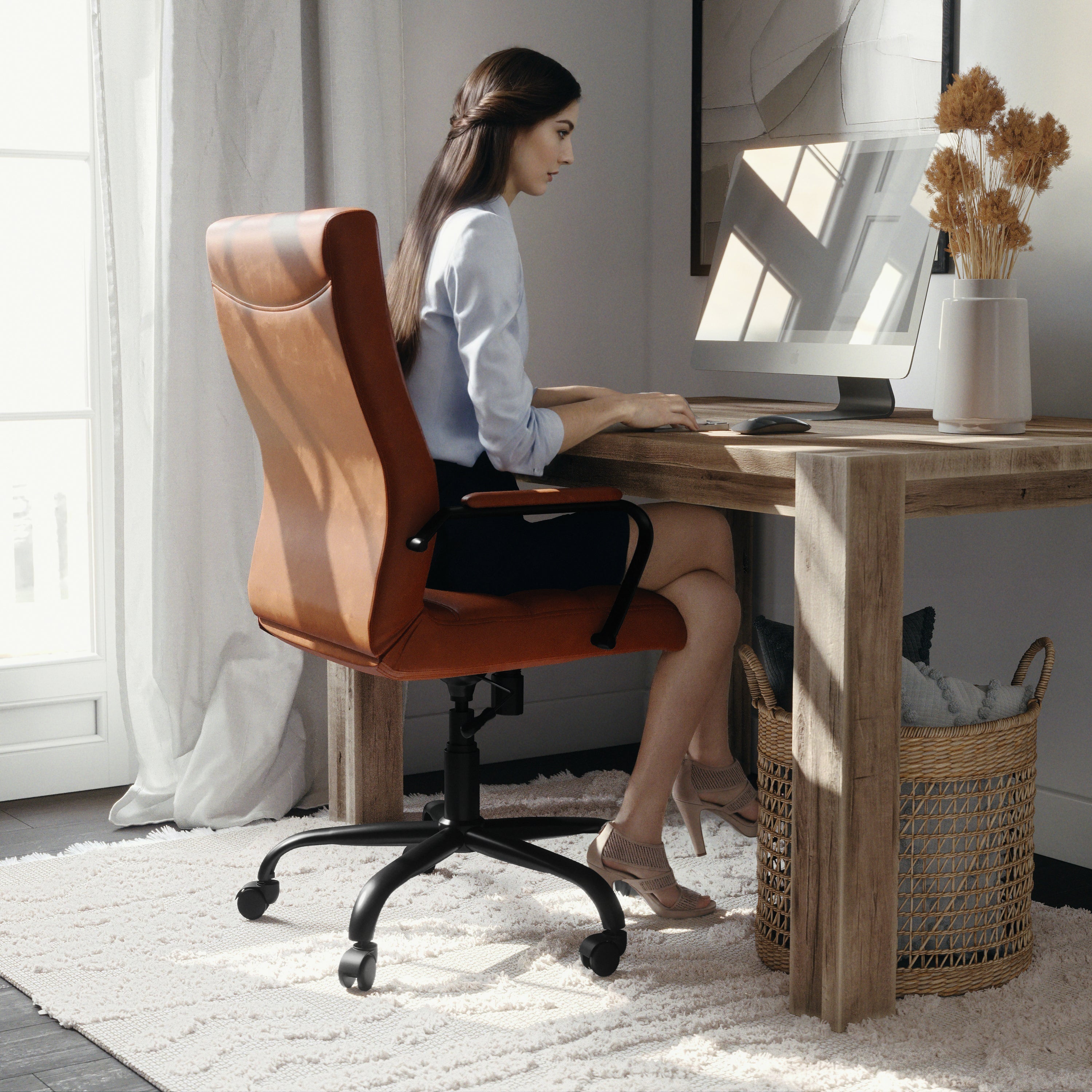 Whitney High Back Brown LeatherSoft Executive Swivel Office Chair with Black Frame and Arms